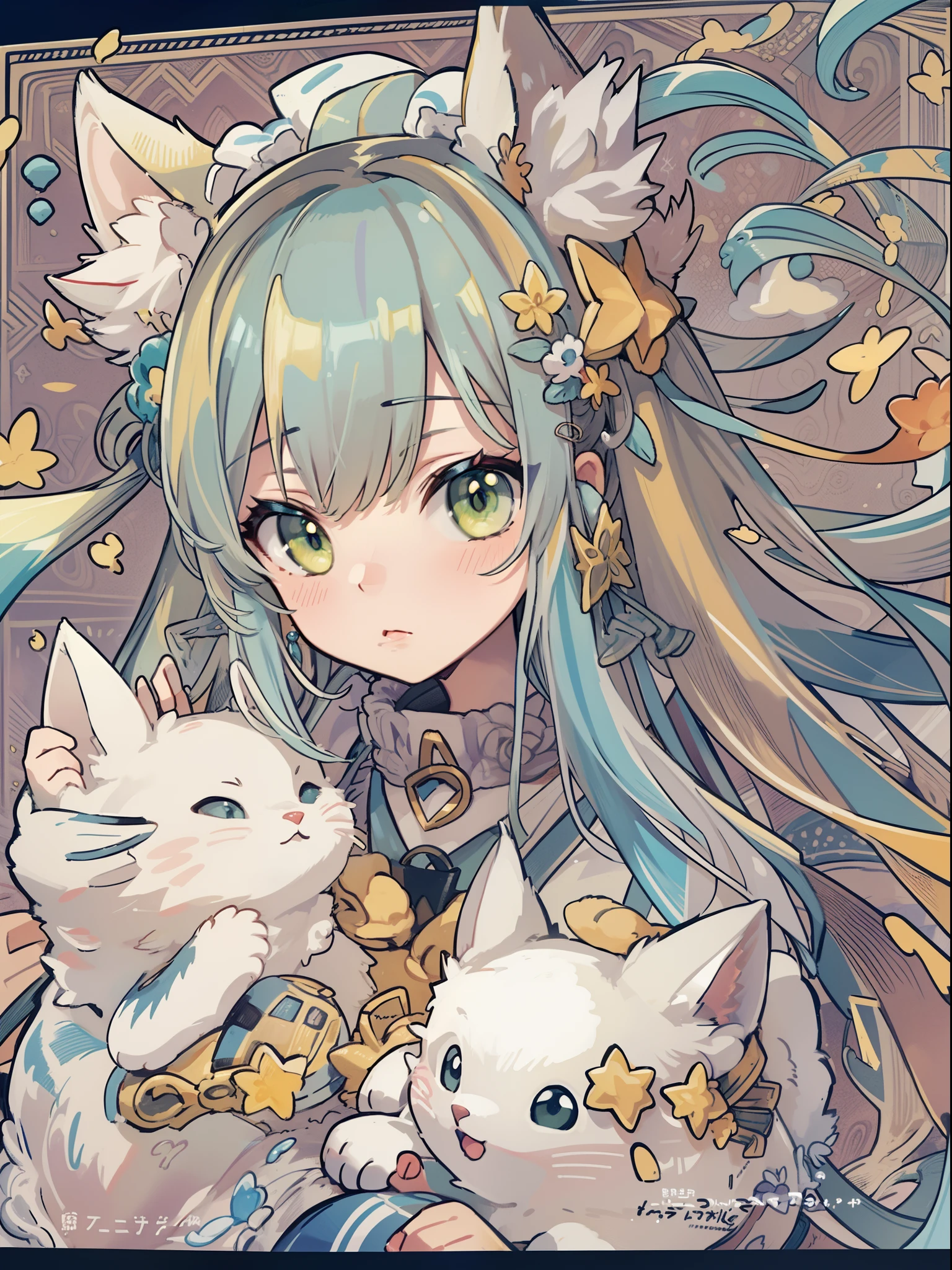 1girl in,There is a cat next to you（（Bring a Cat 1.2））、A pokémon_The card,(top-quality), (high_quality), (Convoluted_Details), (ultra-detailliert), (illustratio), (Distinct_image),saito_naoki,fight、White hair（（rainbow-colored hair））、Yumekawa