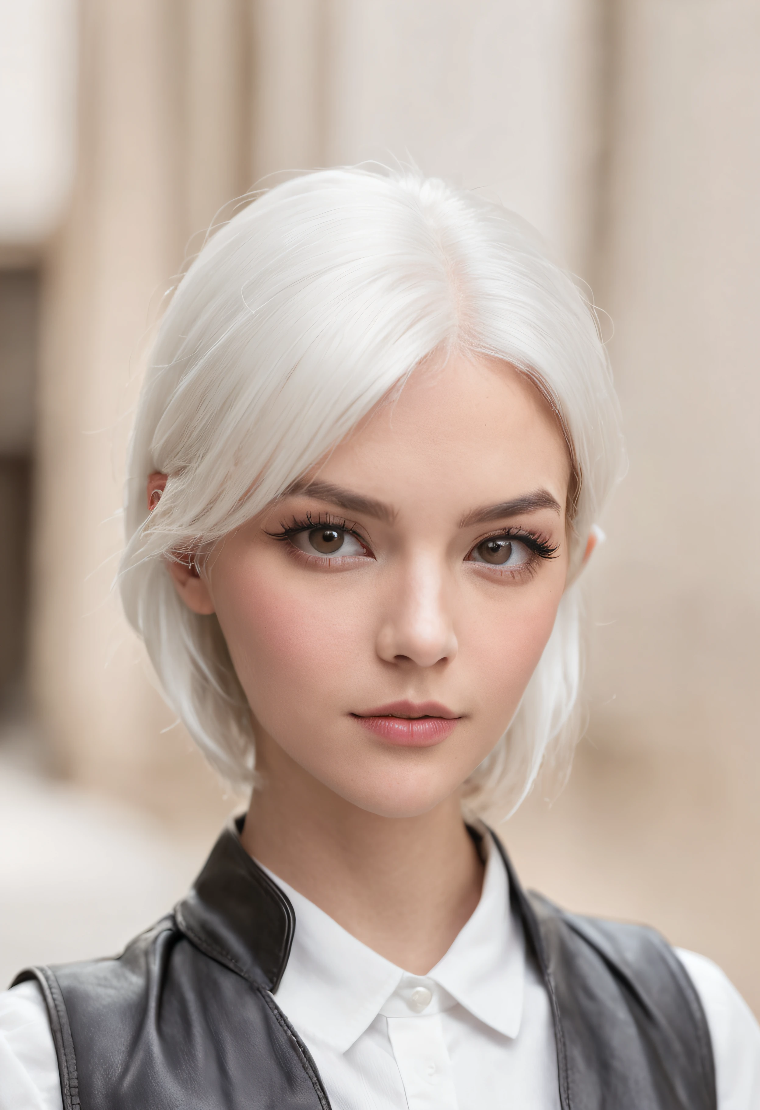 schoolgirls，with short white hair，sleeveless shirts，Black leather pants，high-heels