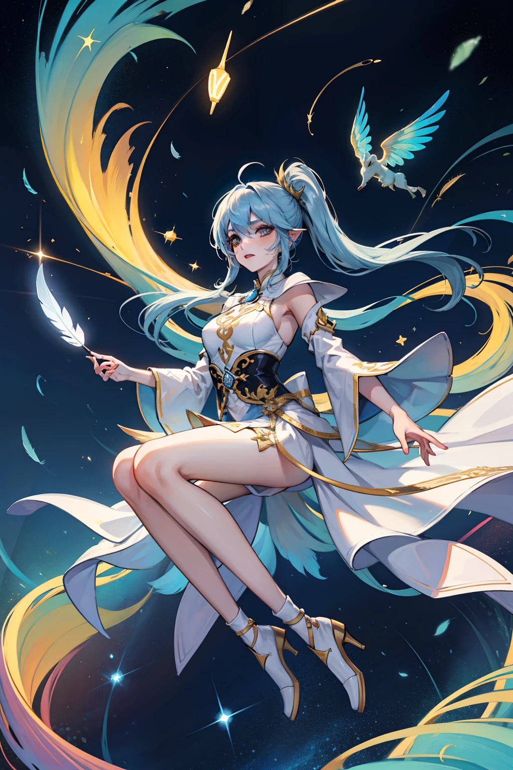 (tmasterpiece,top Quority,best qualtiy,extremy detailed,highest details,offcial art,Beauty and aesthetics:1.2),rich colourful,Full body photo,beauitful face,独奏,Perfect body,On the clouds of the sky,faeries,Smooth forehead,blue hairs,pony tails,Flowing streamers,suns rays,Yunxia,full bodyesbian,white dresses,Fairy skirt,Eau,glowworm,the night,starrysky,jewely,Feathers on dresses,Peacock feathers,light particules,Volumetriclighting,Ray traching(Flowing streamers:1.1),(Fantasy novels:1.2),Illuminator,As estrelas,fanciful,hight contrast,Ink strokes,over exposure