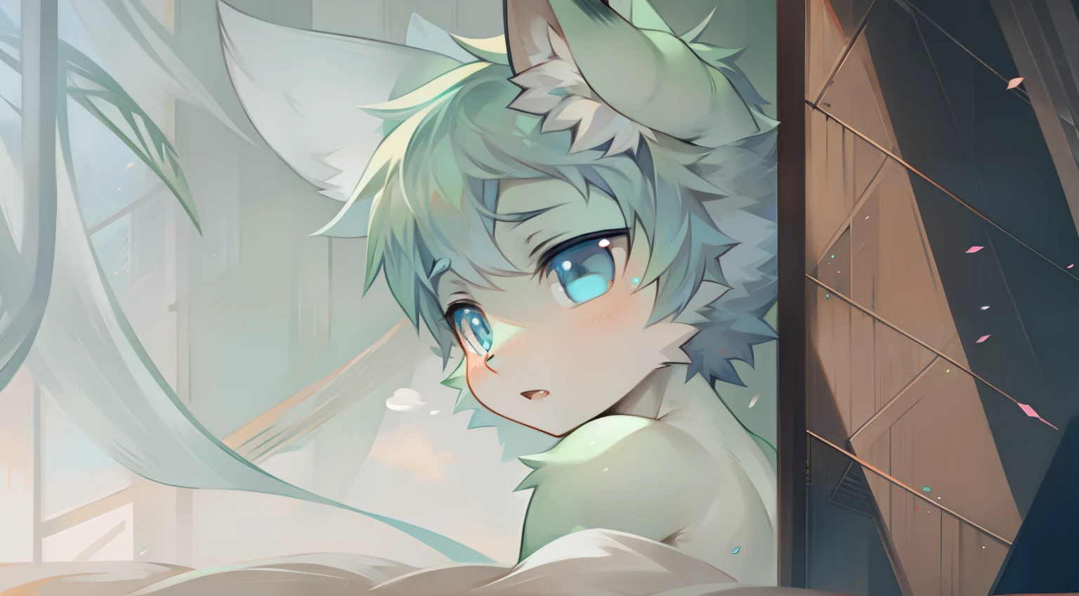 Anime boy portrait with green and white skin tone with blue eyes cat ears