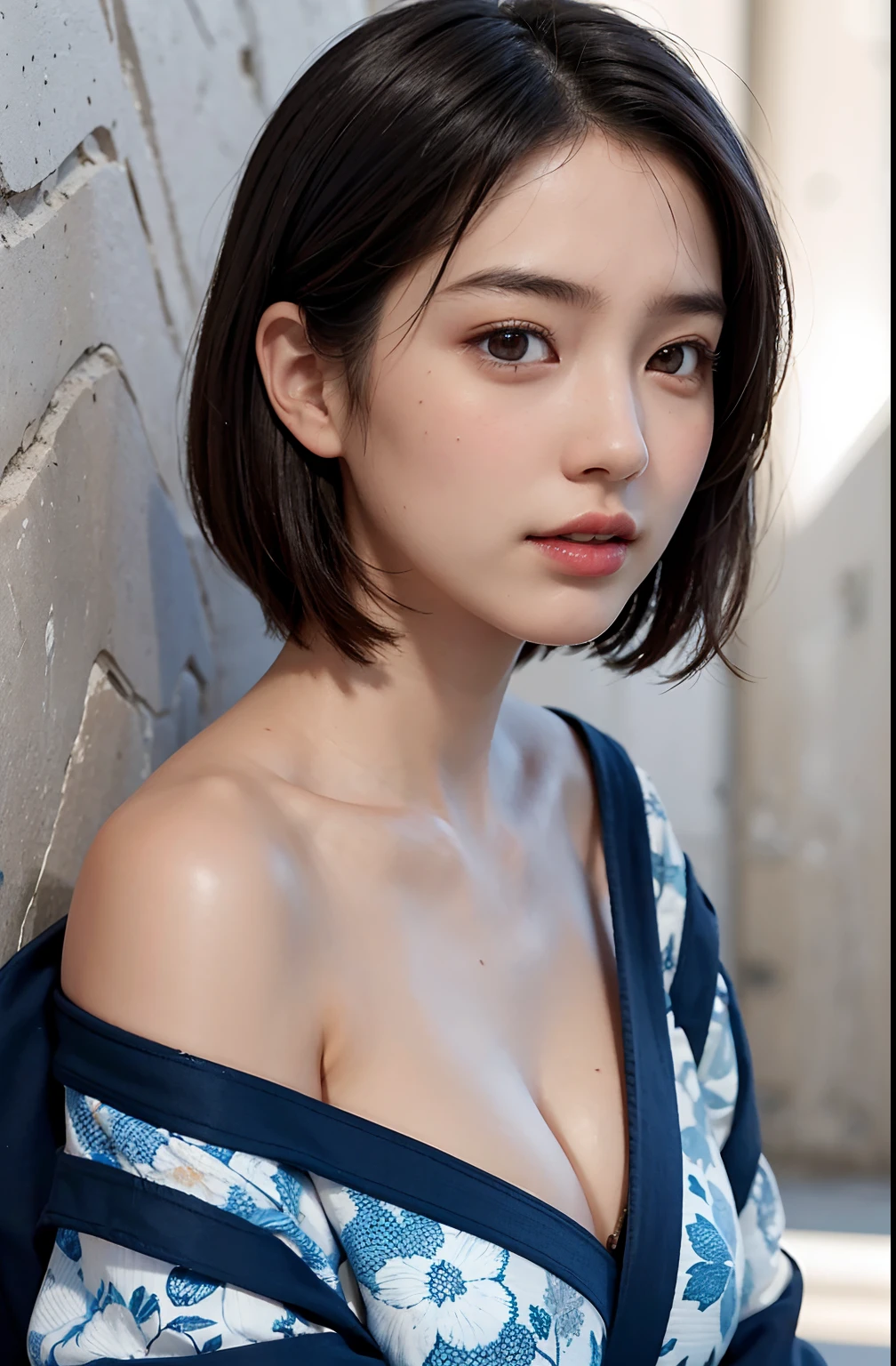 (A hyper-realistic), (illustratio), (hight resolution), (8K), (ighly detailed), (The best illustrations), (beatiful detailed eyes), (top-quality), (ultra-detailliert), (​masterpiece), (wall-paper), (detailed face), drooing eyes,full of sweat,Upper body close-up,short-hair,inner colored,Girl in simple blue underwear, japanes, Colossal tits、A smile, concrete background