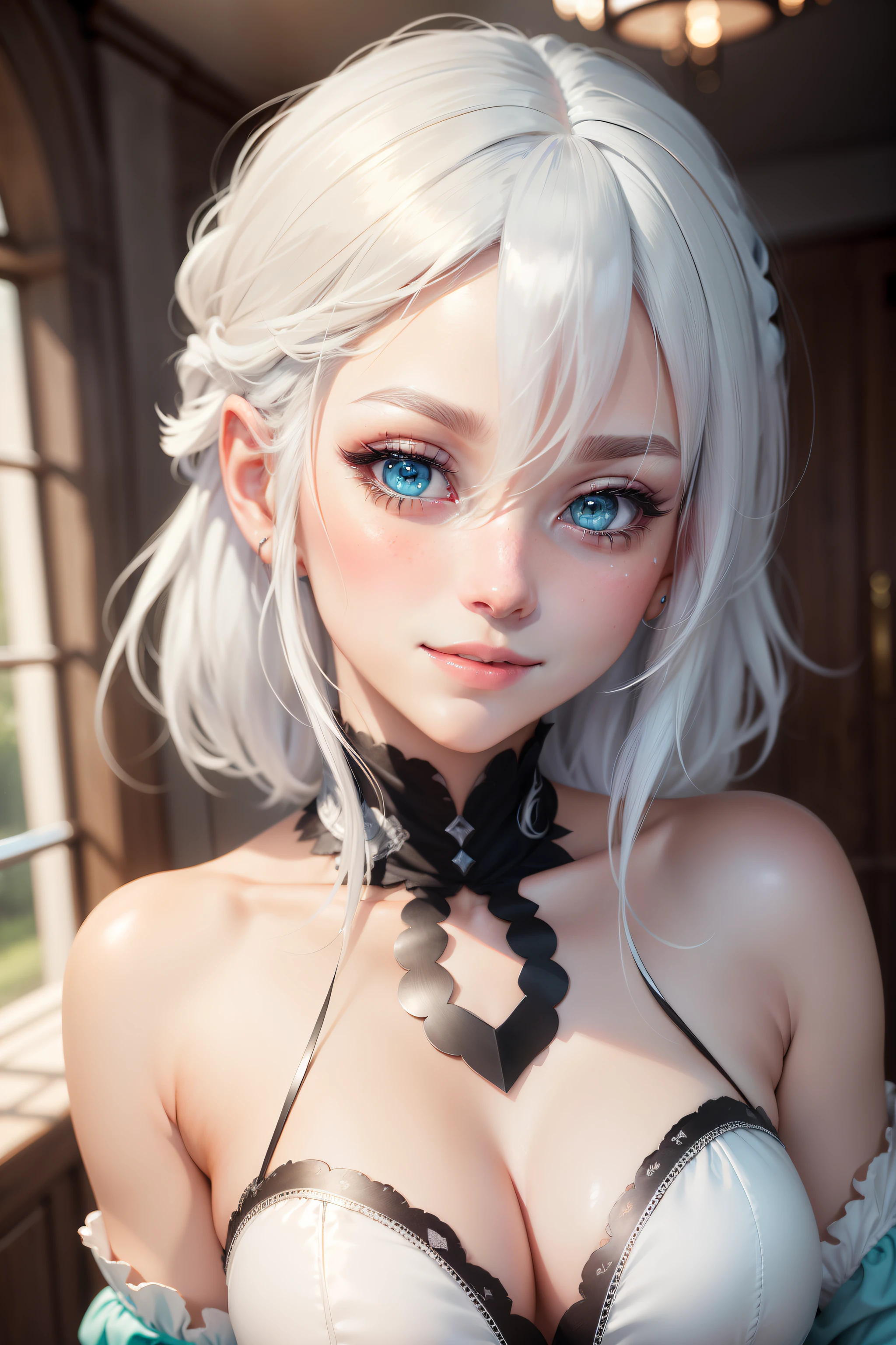 white hair, aqua eyes, makeup, light smile, shy, blush, full blush, first-person view, masterpiece, ccurate, super detail, textured skin, high details, high quality