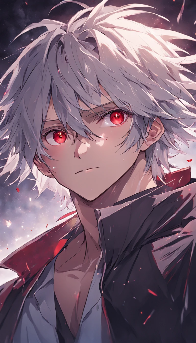 Anime type teenage boy with white hair with red tips, red eyes, a scar on his right eye, and black Evangelion pilot clothes with some red parts. 