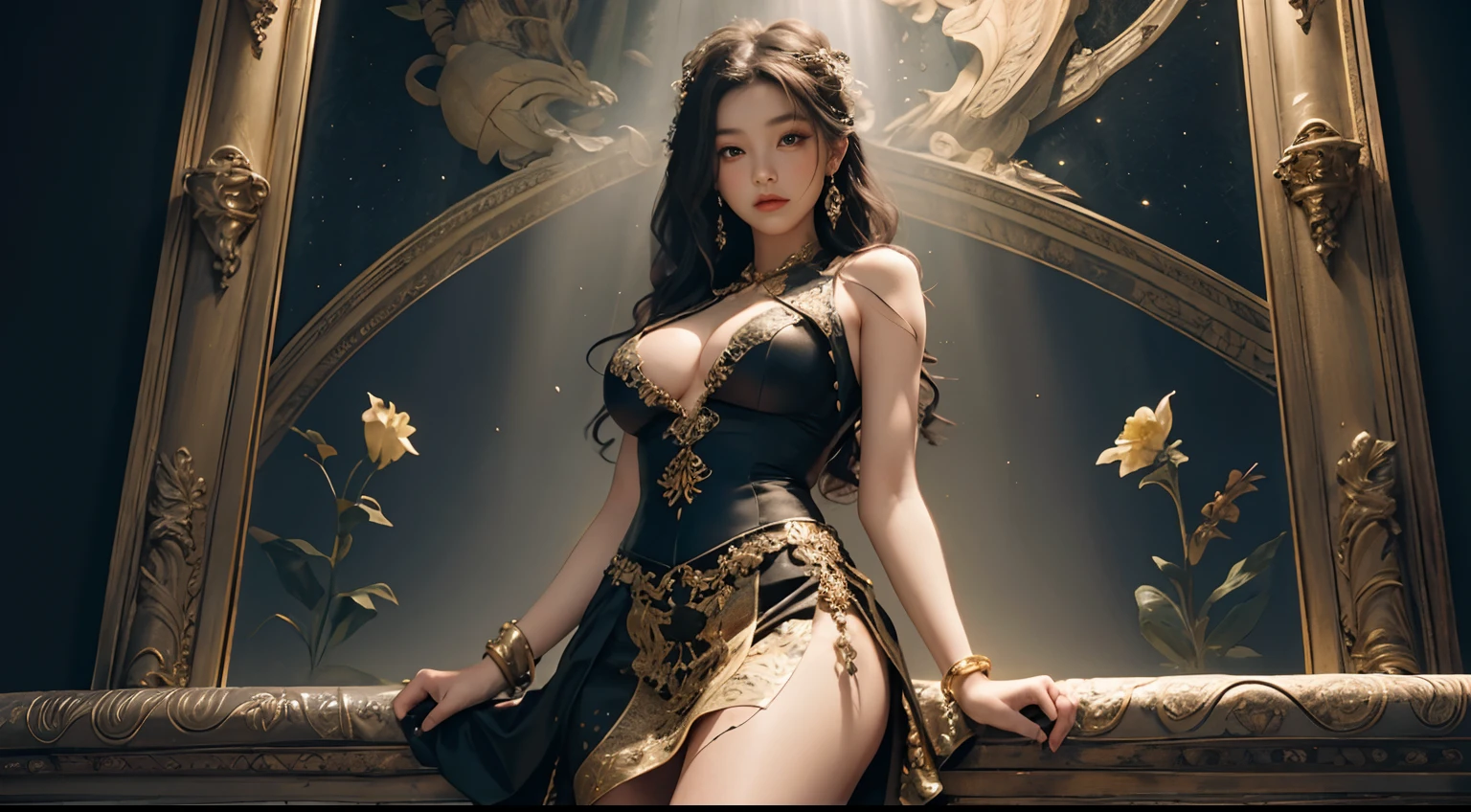 （tmasterpiece，top Quority，best qualtiy，offcial art，Beautiful and aesthetic：1.2），（1girl），Extremely detailed，Colorful，highestdetailed，offcial art，统一 8k 壁纸，ultra - detailed，Beautiful and aesthetic，big breasts beautiful，tmasterpiece，best qualtiy，（zentangle，datura，Tangles，entangled），holy rays，gold foil，Gold leaf art，glitter drawing，PerfectNwsjMajic，Long split skirt，leges，The cleavage is exposed，Bigchest