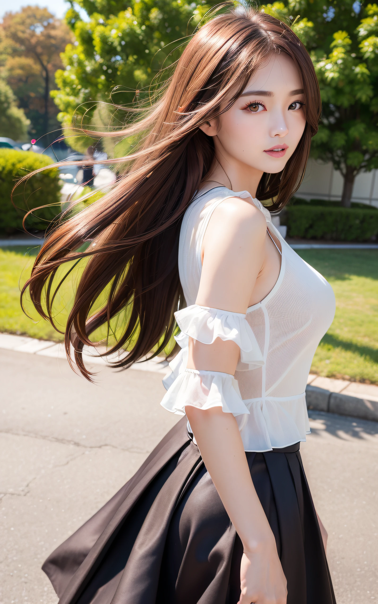 ((top-quality、8k masterpieces:1.3))、(ultra beautiful faces:1.0)、(shinny skin:1.0)、photos realistic、Brown hair, Shoulder-length straight hair swaying in the wind, Video Lighting、High-definition eyes and face、Blouse、Skirt,1 japanese girl, Cute, from the front side、medium breasts、A slight smile
