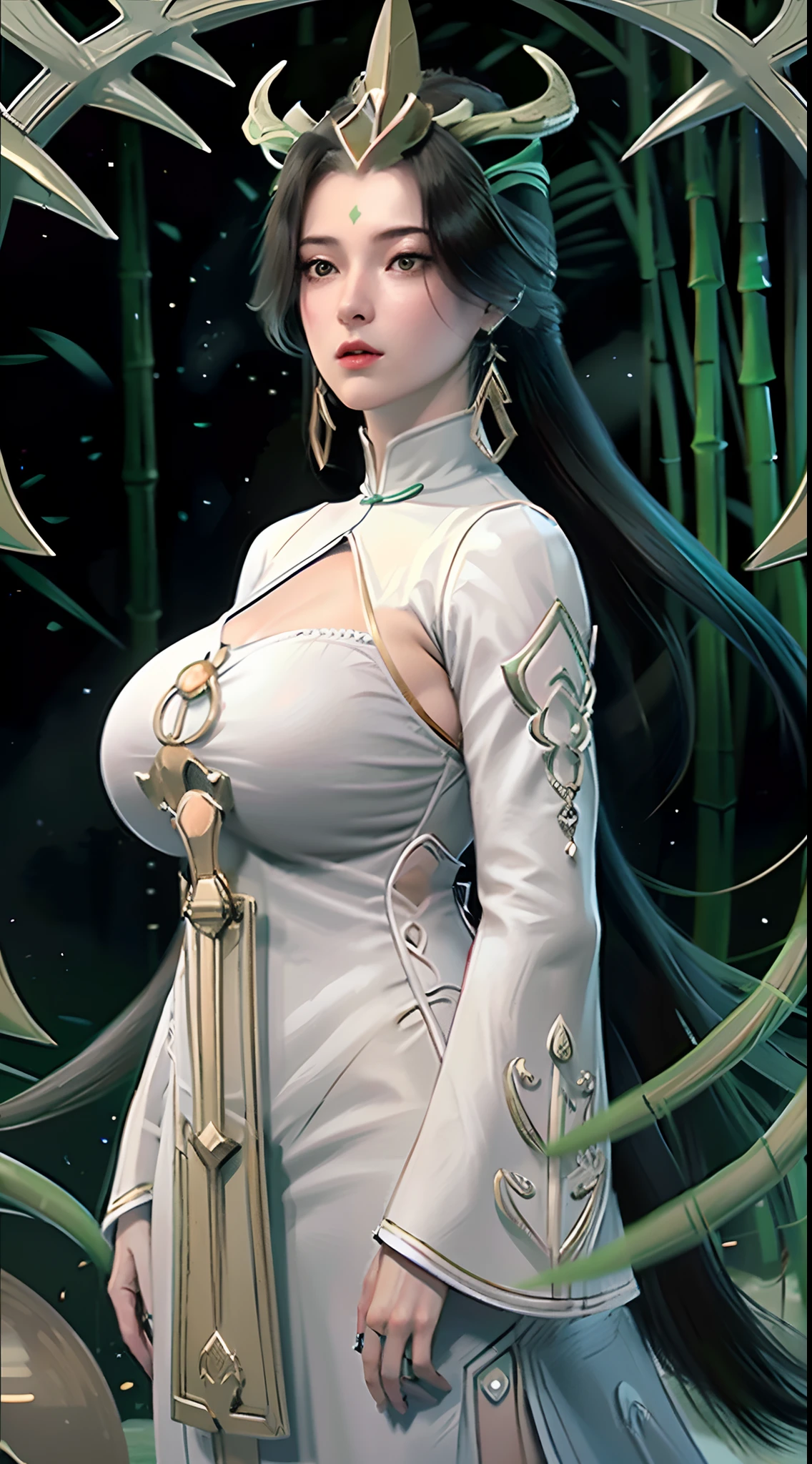 1girl,hair ornament,long hair,earrings,forehead mark,dress,bamboo forest,night,mature female,cowboy shot,looking at viewer, (huge round breasts:1.5),long sleeves, chinese clothes,trim, full body,