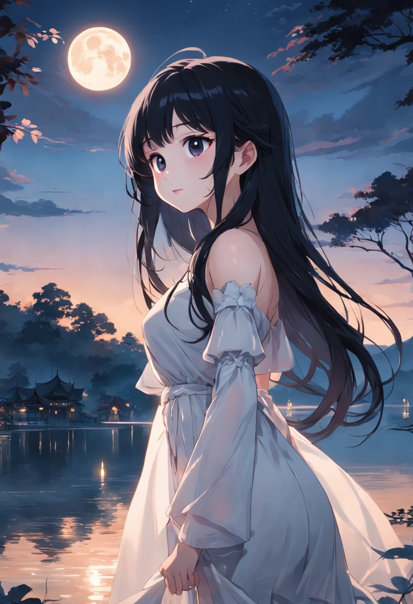 Black hair with long hair hanging down the waist,Black pupils,White Skin Skin,best qualtiy,Masterpiece,Girly image,slimfigure,Sweet smile,White moon,Lakeside view,Elegant white dress,Tranquility and tranquility,the night