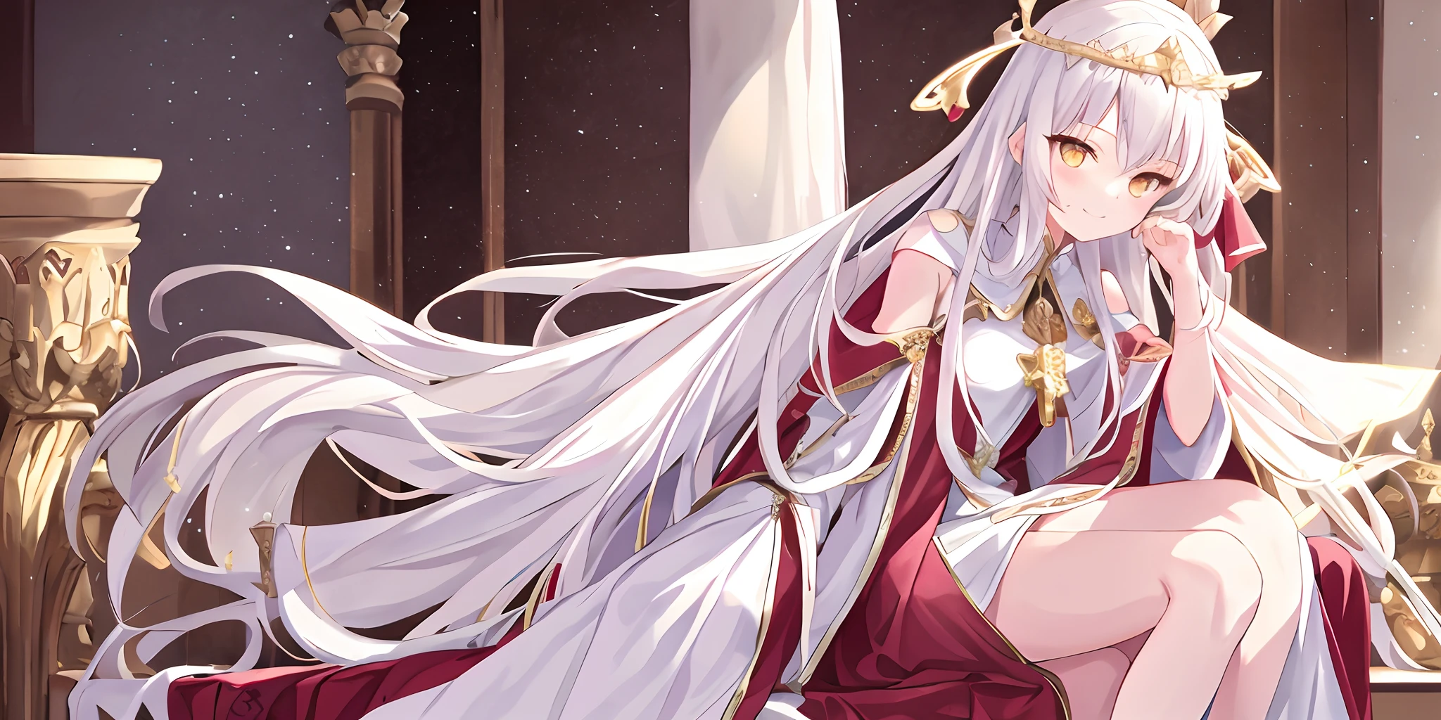 Pope all over the body，one-girl，Poor milk，Bare legged，On the scepter，Lie down in bed（long white robe，The pattern is complex））red shawl，（cute anime face），Gold eyes，long  white hair，ssmile，The halo，（Sit on a low throne），In a magnificent castle，ultraclear
