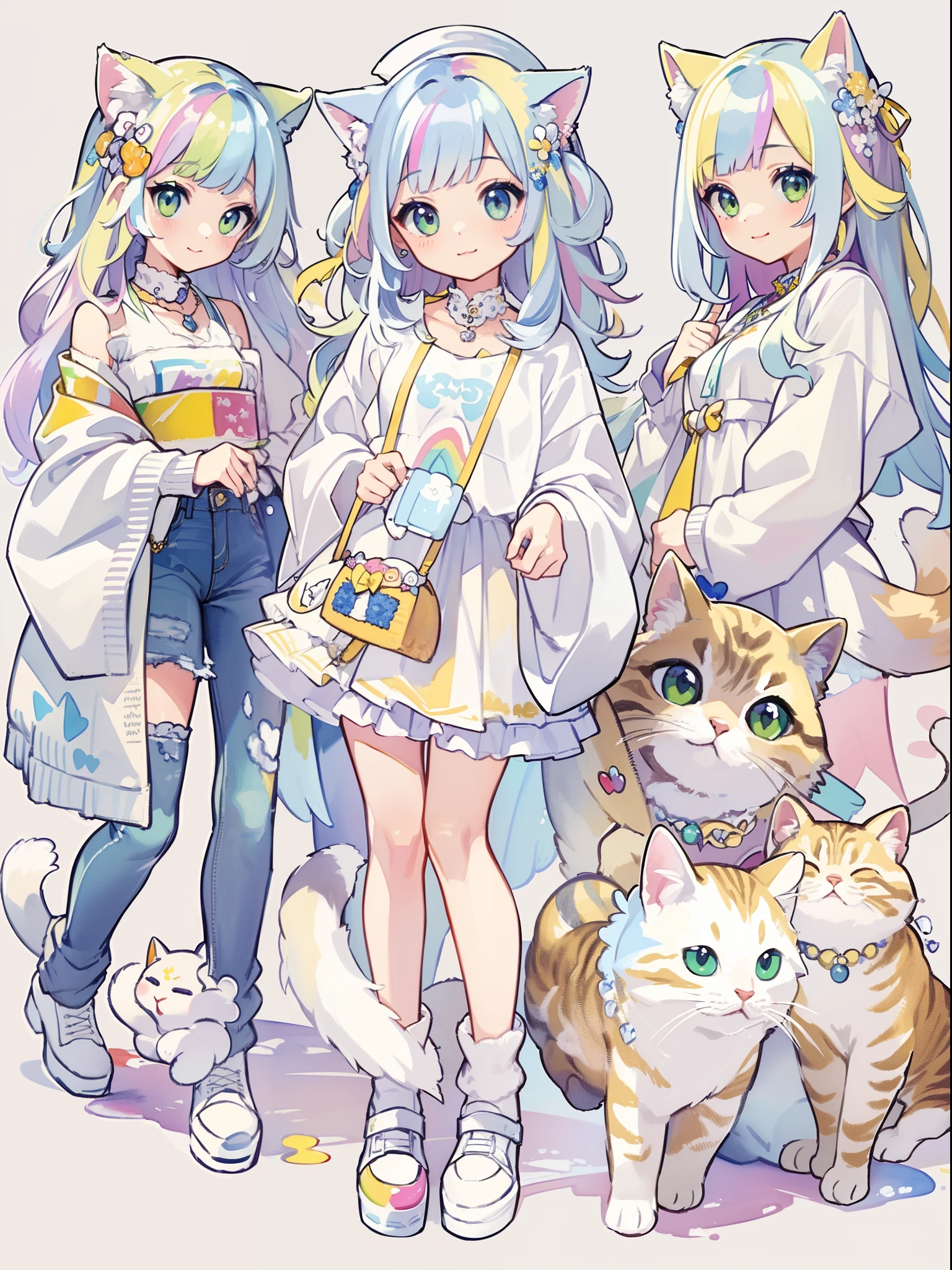 ((Best quality1.2))、((Masterpiece 1.2))、watercolor paiting、((Fashionable clothes))、((Take a cute cat 1.5))、white colors((rainbow-colored hair))