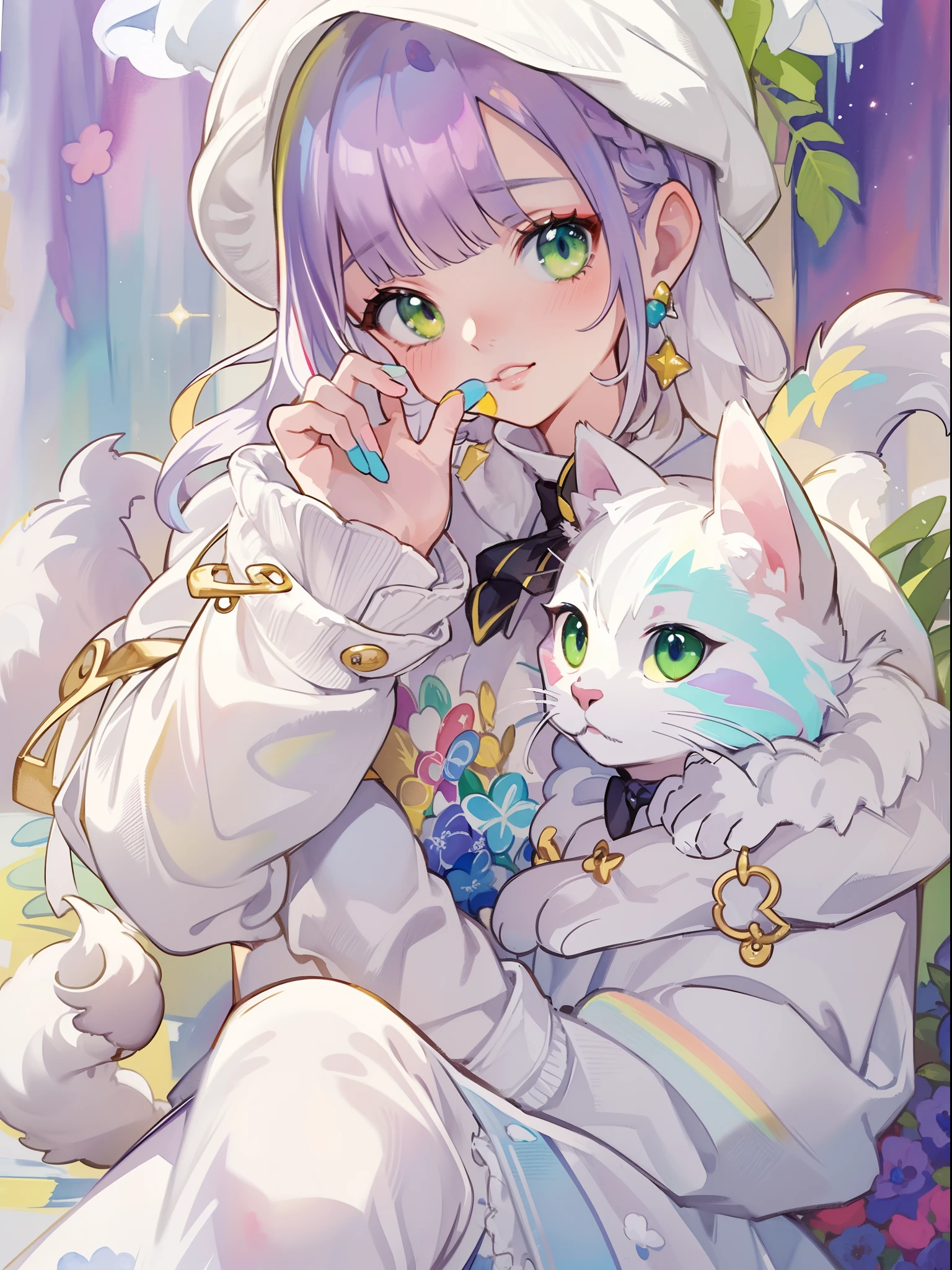 ((Best quality1.2))、((Masterpiece 1.2))、watercolor paiting、((Fashionable clothes))、((Take a cute cat 1.5))、white colors((rainbow-colored hair))