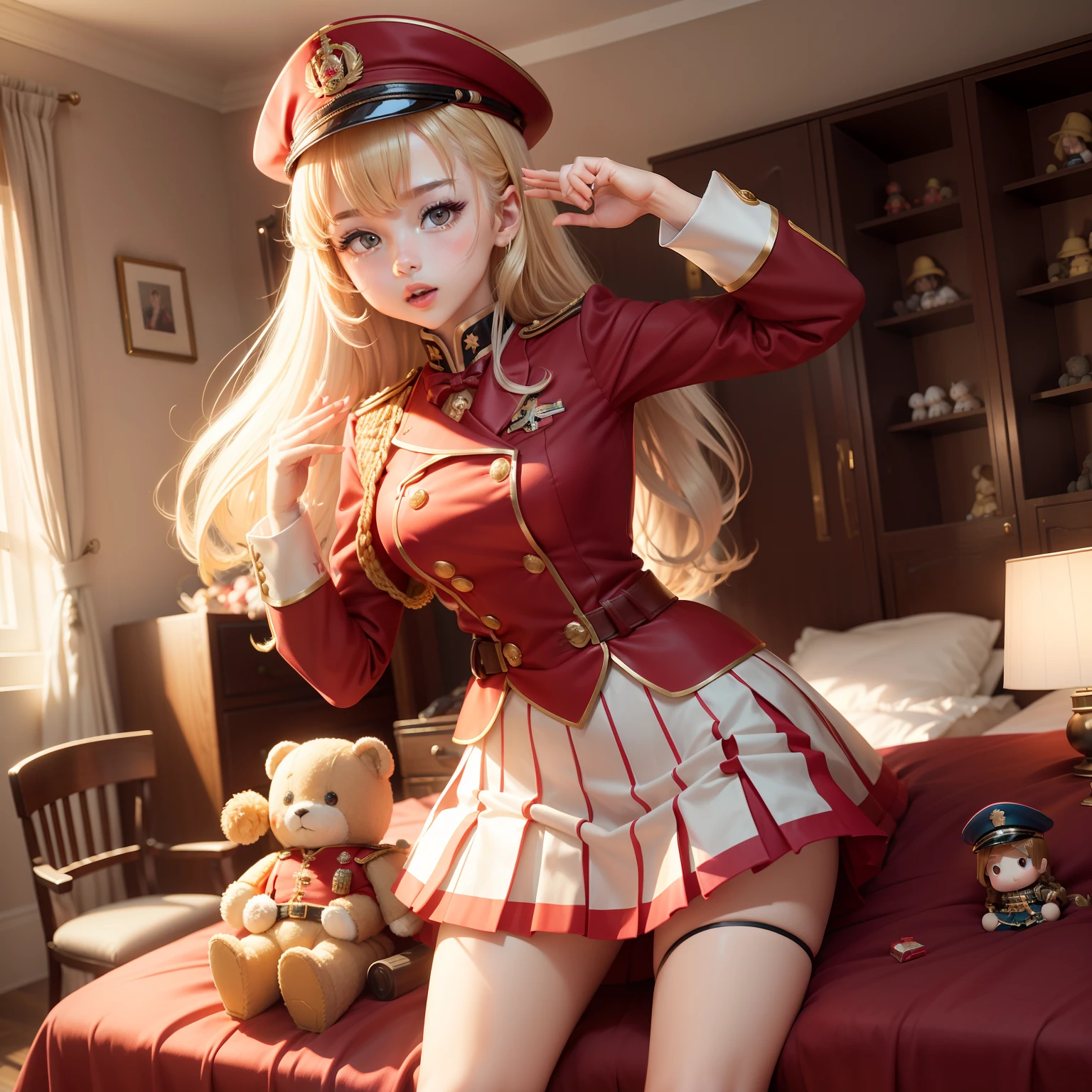 Female Idol in Toy Soldier Fashion1a person(Scotch High Soldier Cap、Cute soldier costume in red and white、Micro Mini Pleated Skirt)、Looks fun、full body Esbian、Lots of stuffed animals all over the room、saluting