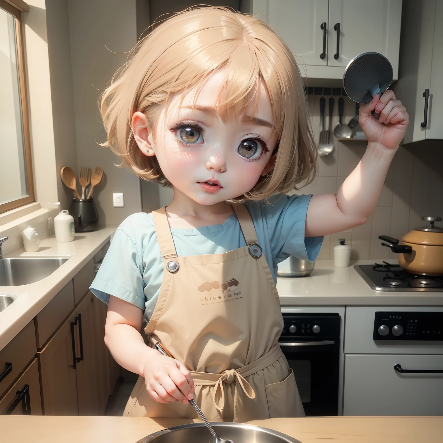 Cute  Chibi Anime.Pale Blue Wave Bob,Brown-eyed,Beige and brown clothes and aprons,Cute kitchen