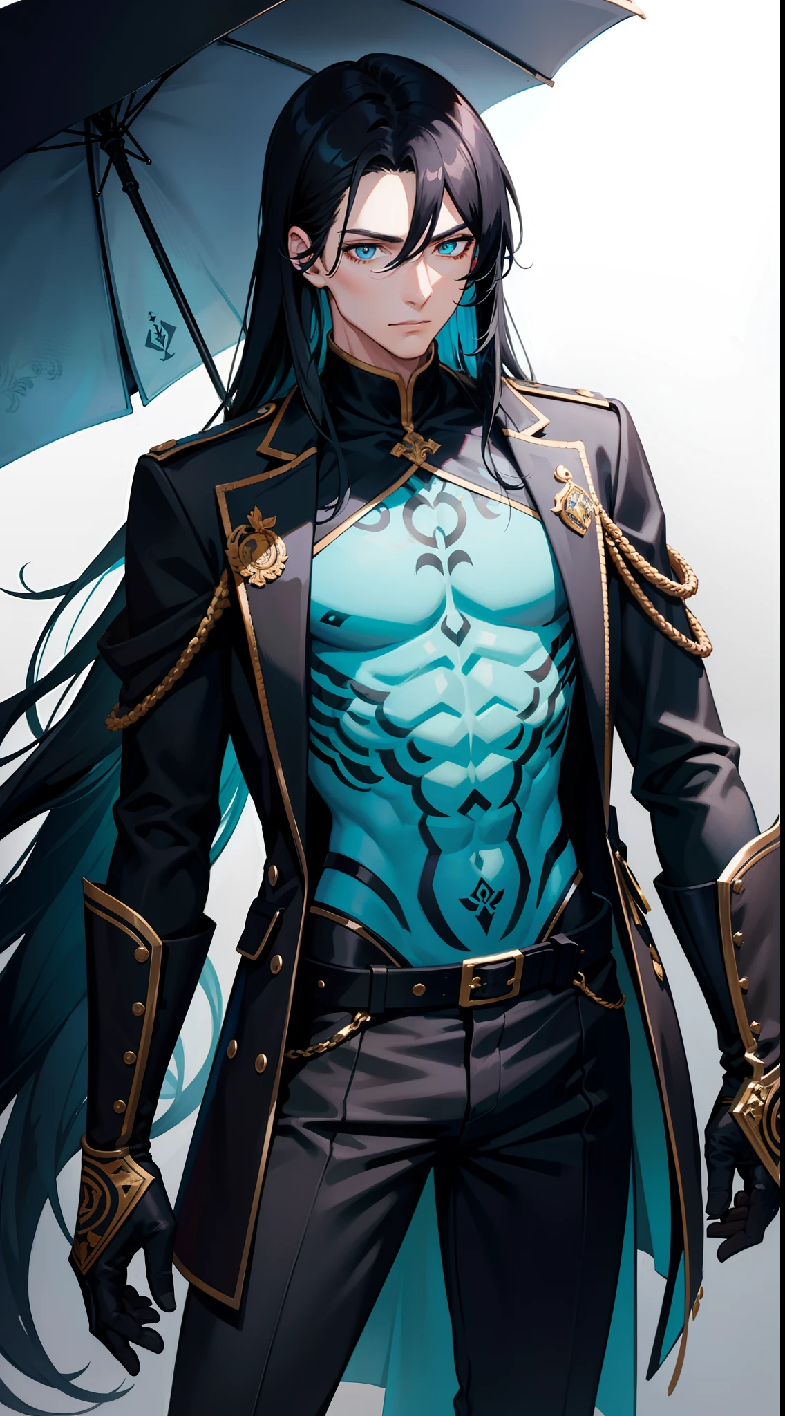 young boy, Long, black, unkempt hair,,,,,,,,, Cyan eyes, brawn, Viking, open torso, horned helmet, a sword, grimm, Masterpiece, hiquality