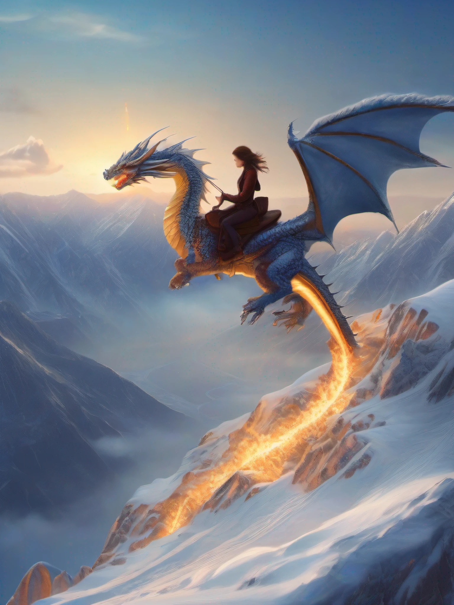 (Best Quality, Masterpiece: 1.1), (Realistic: 1.4), Beautiful girl riding on the dragon, flying in the sky, god ray ,teen, silver short hair, blue eyes, over the snow mountain, fractal art, fire