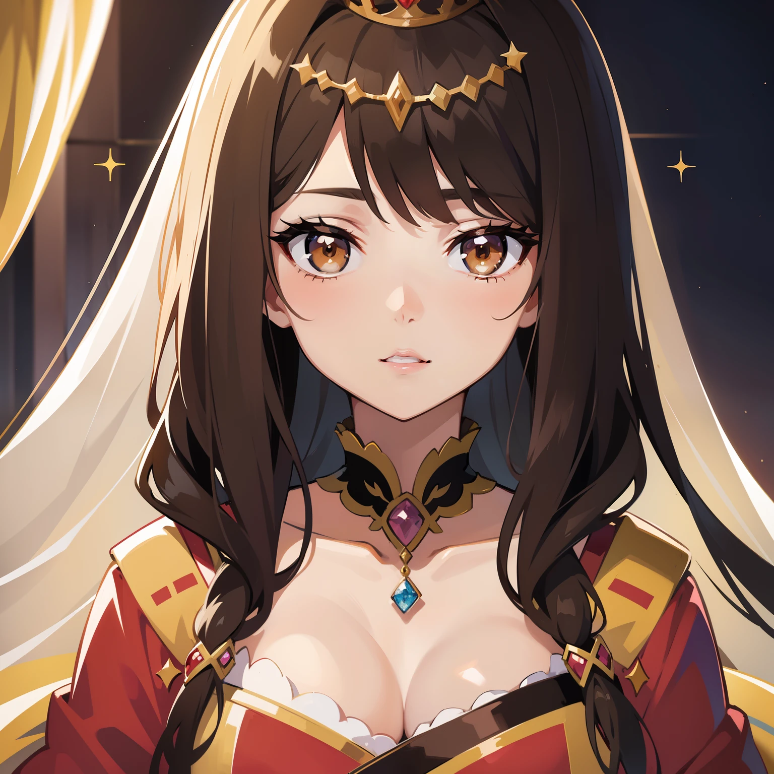 beautiful waifu queen, queen crown, queen robe, brown eyes, brown hair, character concept, portrait of [x], anime style