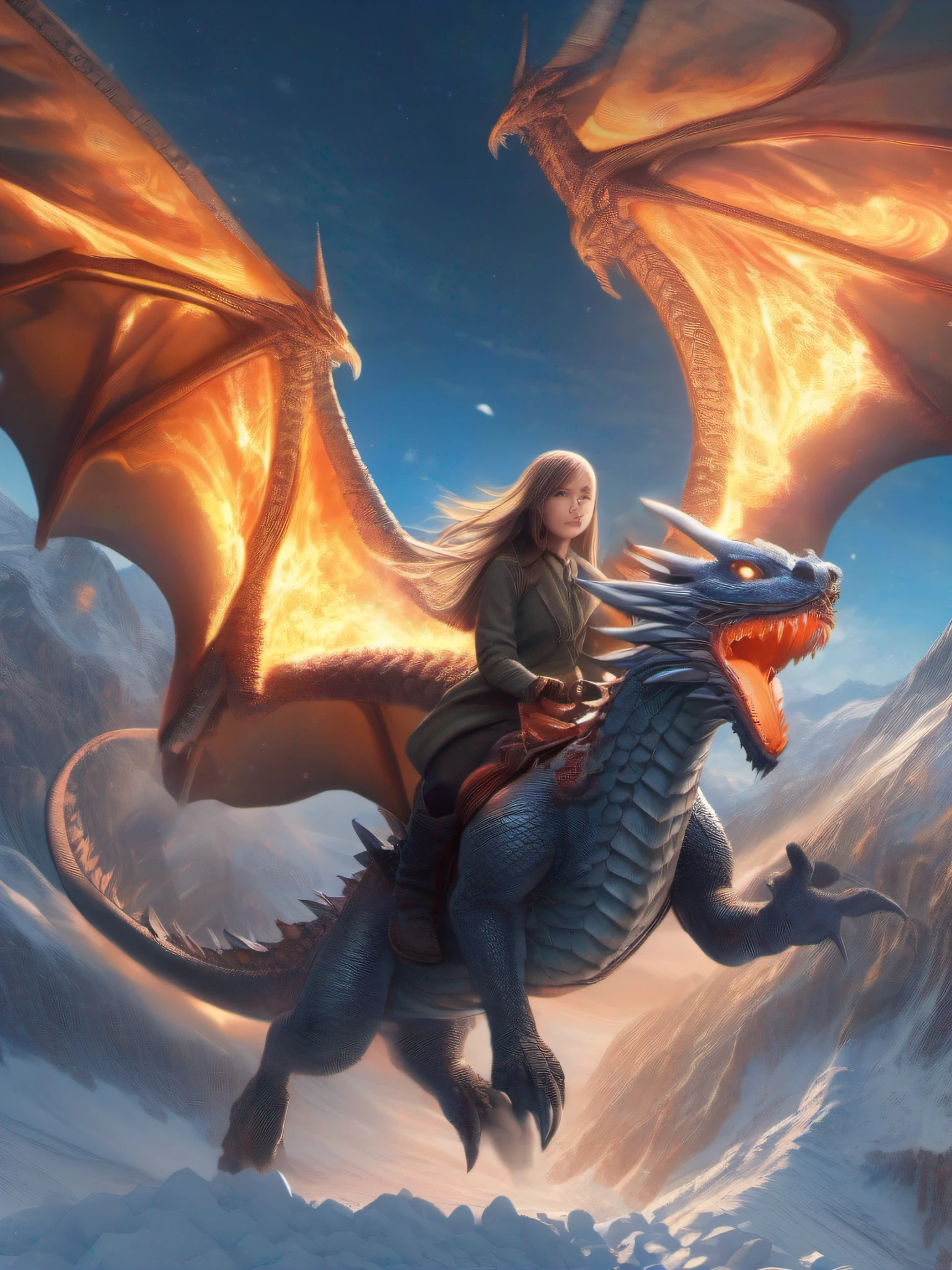 (Best Quality, Masterpiece: 1.1), (Realistic: 1.4), Beautiful girl riding on the dragon, flying in the sky, god ray ,, silver short hair, blue eyes, over the snow mountain, fractal art, fire
