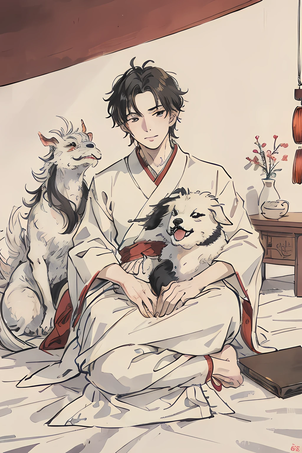 （tmasterpiece，best qualityer：1.2），Tradition Chinese Ink Painting，chill out，（ssmile），looking at viewert，Wearing a long Chinese costume，white hanfu，A puppy hugging his chest，Surrounded by a Chinese dragon，