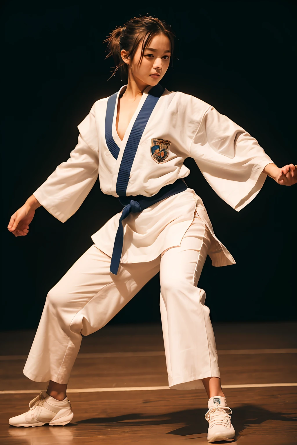 (8k、RAW Photography、qulity、、、、、、masterwork:1.2)、(realisitic、Photorealsitic:1.37)、(1girl), Japanese Karate Girl、18 years old、White thin Karate uniform、fighting, kick pose, high-kick, training room in the dark、solemnity、(cowboy shot)、Be intimidating、Dignified atmosphere、Slightly stiff figure、Tight lower body、karate pants that adhere to the skin, (camel toe), ((skindentation))