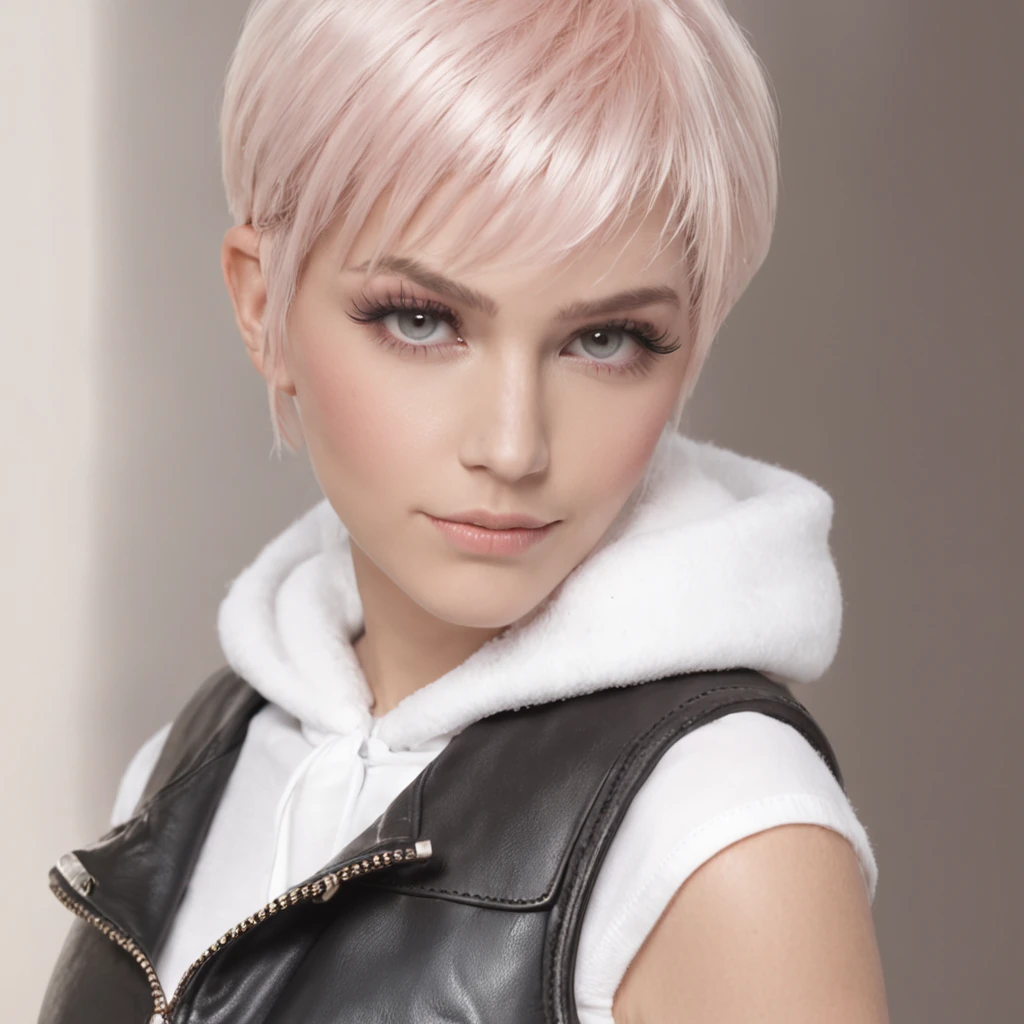 schoolgirls,pink short hair,Gilet blanc,Strap black leather pants,high-heels