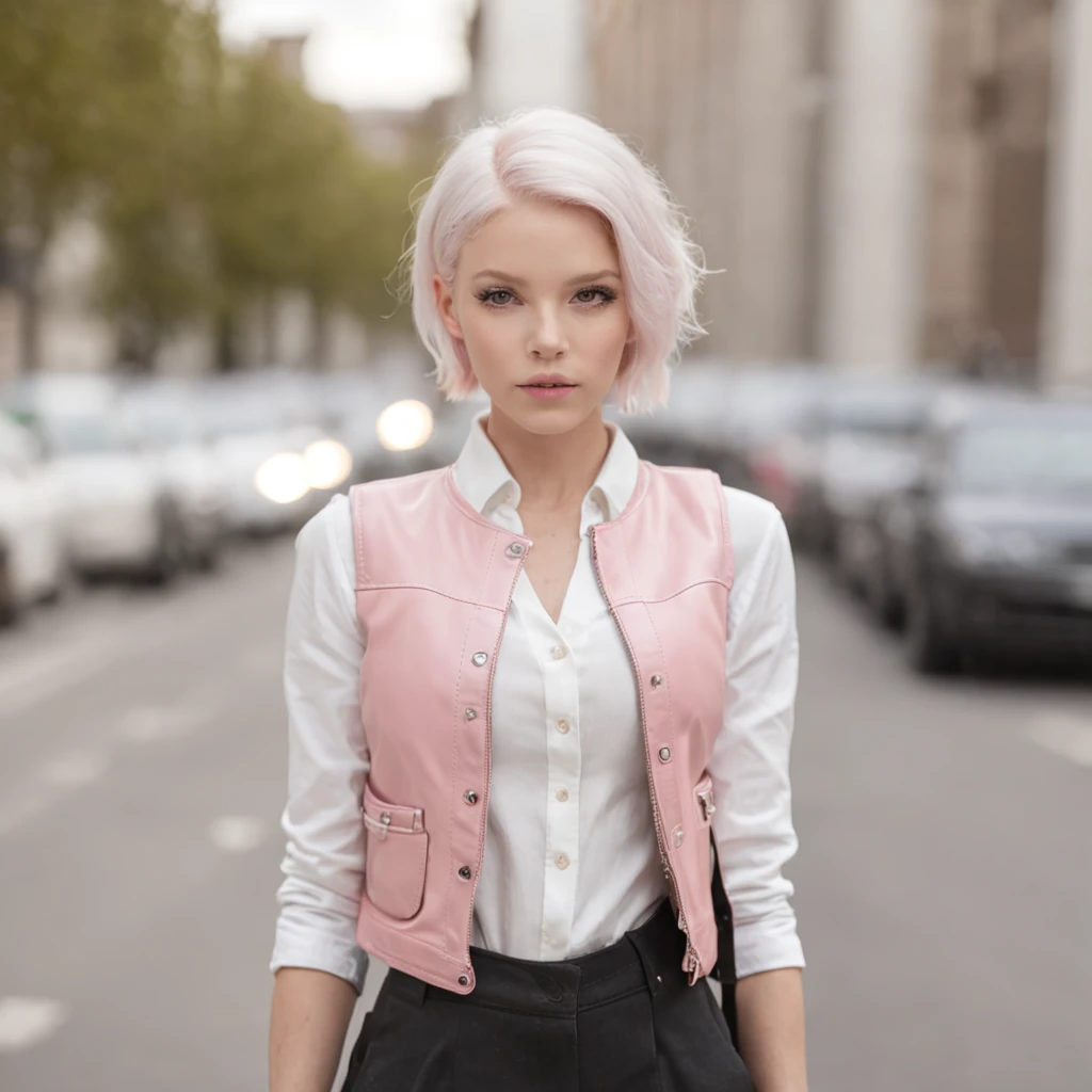 girls,pink short hair,Gilet blanc,Strap black leather pants,high-heels