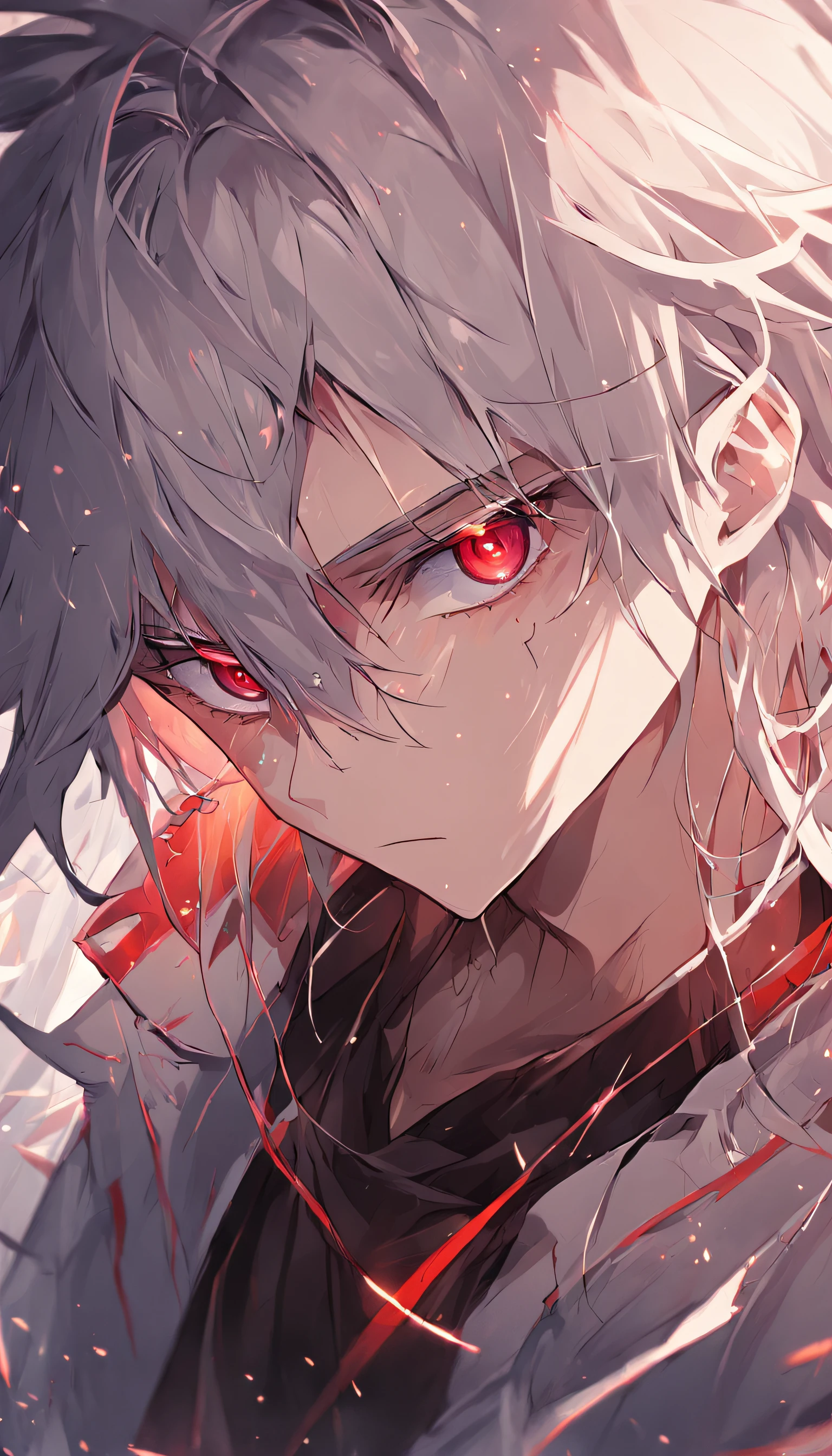 male people,((Masterpiece)), ((Best quality)), Ultra detailed,((illustration)), Dynamic Angle, Detailed light, (Delicate eyes), 1boy, Male focus, white hair, very long hair, red eyes, mysterious storyline, Vibrant colors, Clear Lines, High Sharpness, Detailed face, Deitaled Eyes, darkly, style of anime 4k, 4K anime wallpaper, High quality anime art style, Anime moe art style, Anime art wallpaper 8 K, Anime art wallpaper 4 K, PIXIV, midjourney portrait, tmaterpiece, Ultra foto realism, 32K resolution, Excellent painting in extreme detail