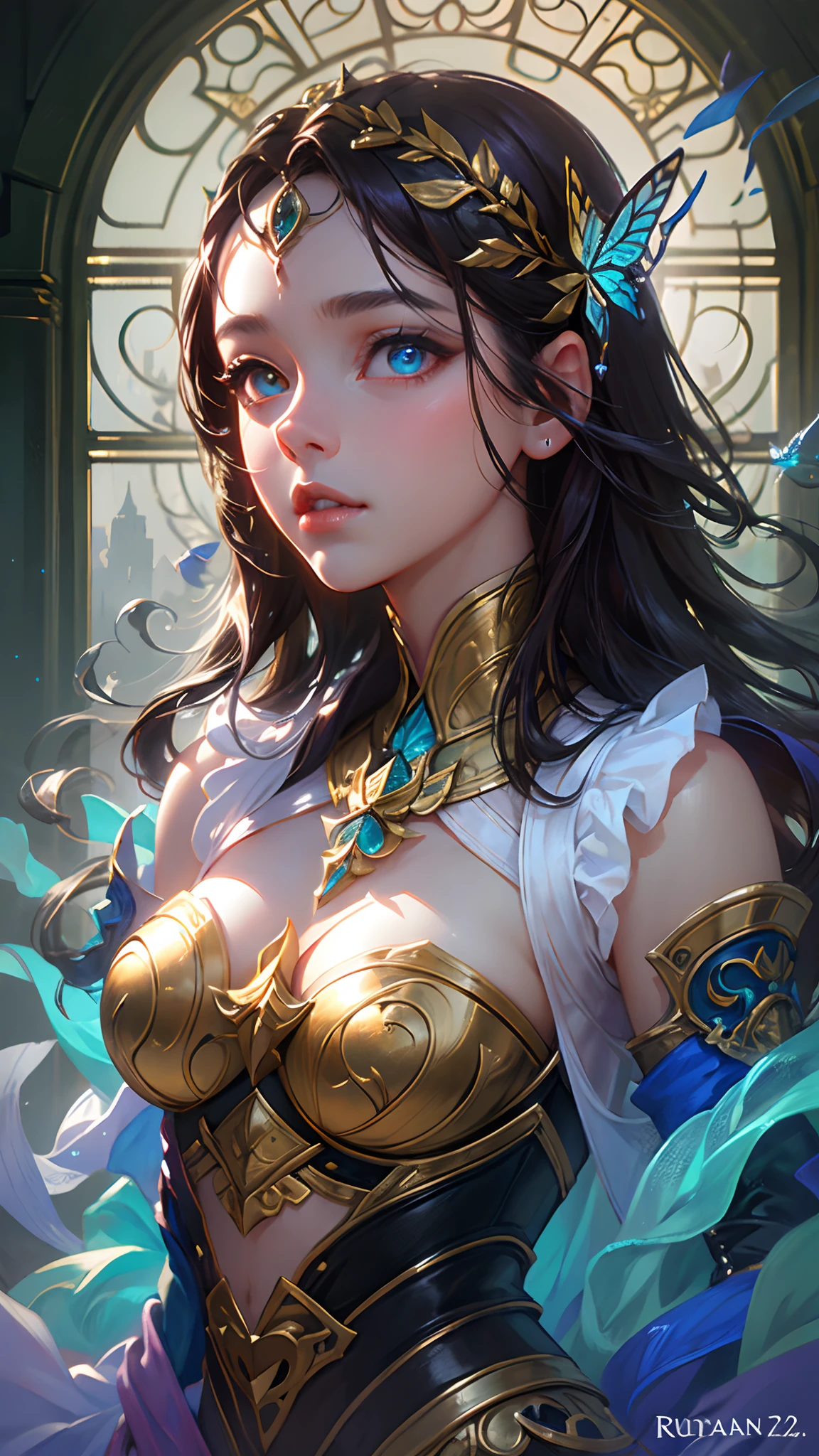 full bodyesbian,8k portrait of beautiful cyborg with brown hair, Intricate, elegant, Highly detailed, Majestic, Digital photography, art by artgerm and ruan jia and greg rutkowski surreal painting gold butterfly filigree, Broken glass, (Masterpiece, side-lighting, fine detailed beautiful eyes: 1.2), hdr, (Detailed background window for the new dimension, plants and flowers:0.7) unlimited, Infinity symbol,