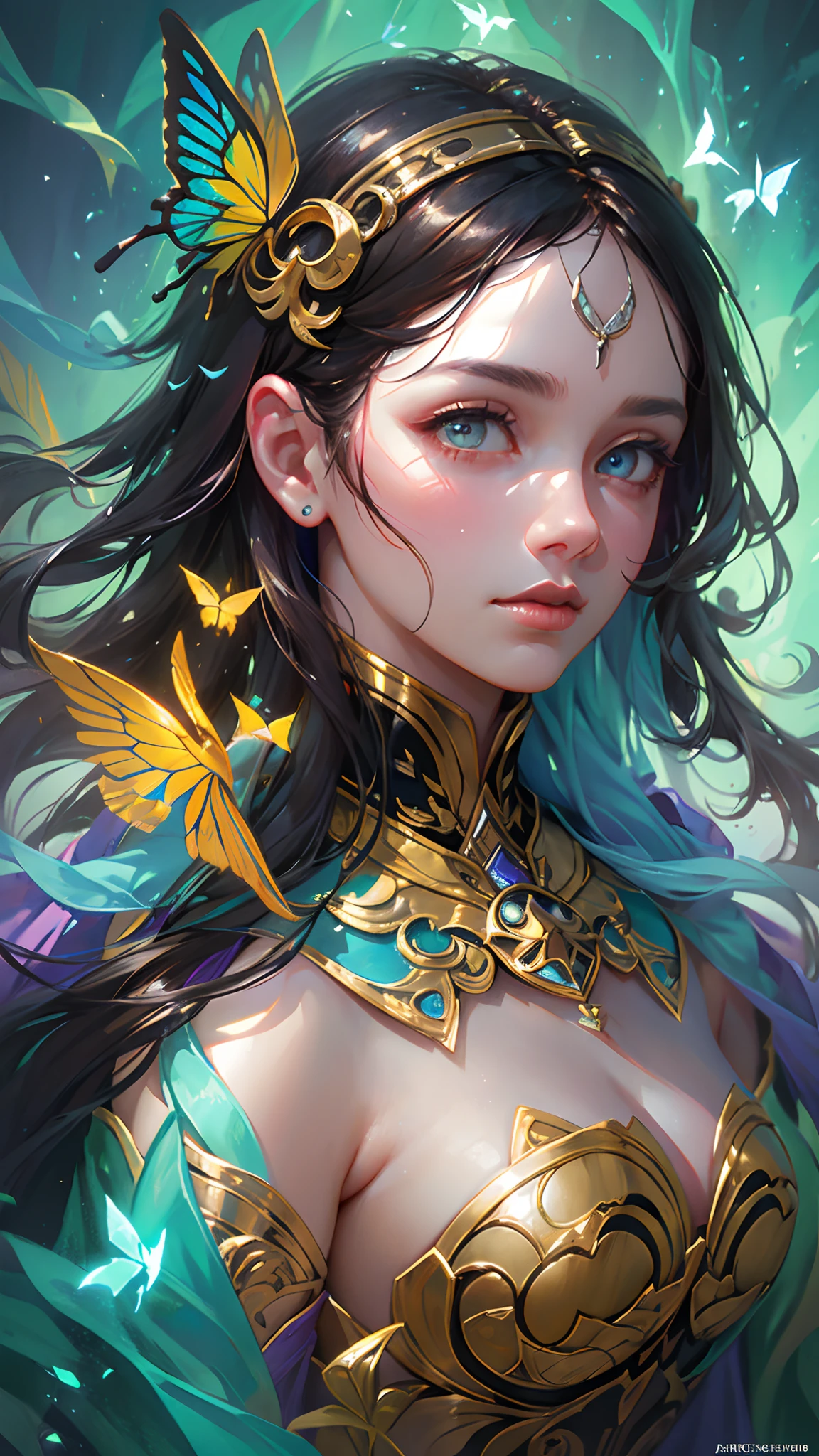 full bodyesbian,8k portrait of beautiful cyborg with brown hair, Intricate, elegant, Highly detailed, Majestic, Digital photography, art by artgerm and ruan jia and greg rutkowski surreal painting gold butterfly filigree, Broken glass, (Masterpiece, side-lighting, fine detailed beautiful eyes: 1.2), hdr, (Detailed background window for the new dimension, plants and flowers:0.7) unlimited, Infinity symbol,