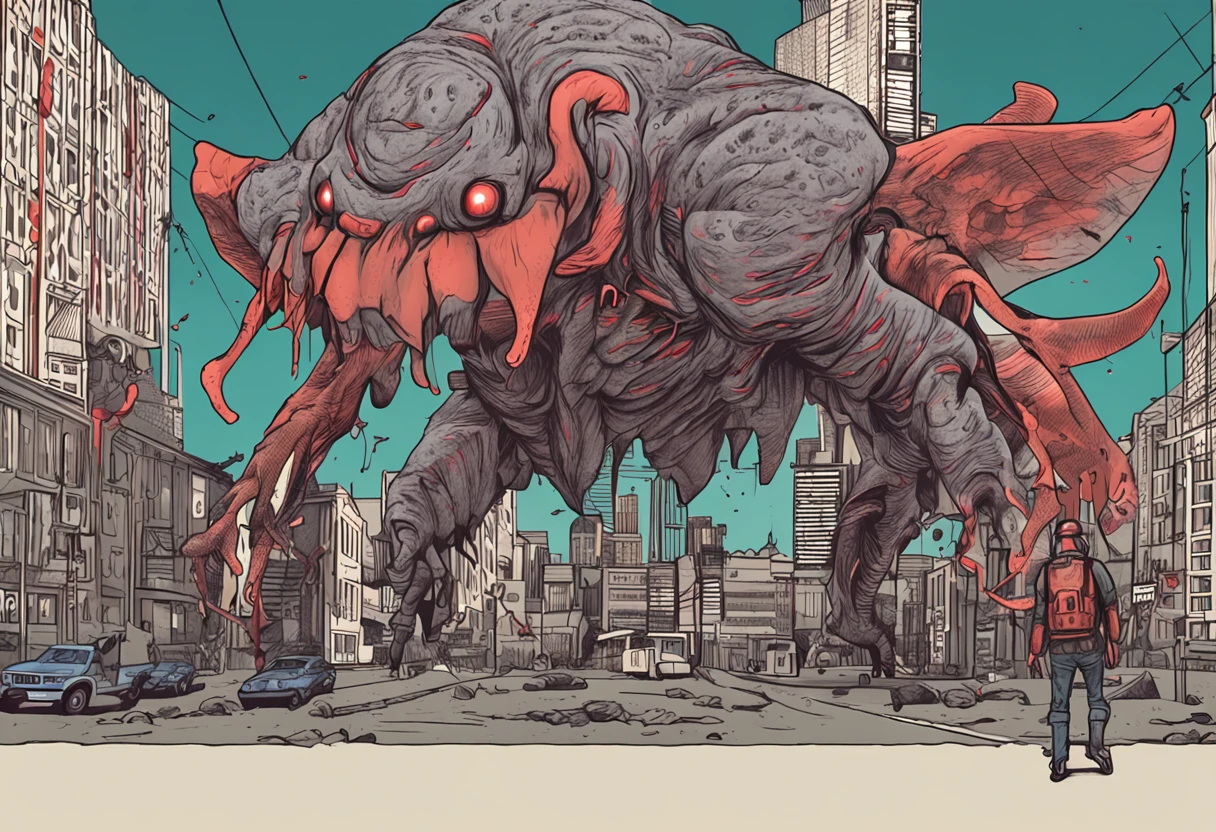 Cinematic texture，Invading aliens，cow head，uncanny， tentaculata，Blood，Full body like，combats，The city was destroyed，of a real，Facial features are carefully depicted，Realistic skin texture，Dark style，depth of fields，high light，Real light，Ray traching，oc rendered，Hyper-realistic，best qualtiy，8K，Works of masters，super-fine，Detailed pubic hair，Correct anatomy，sharp focus on eyes，Bokeh，Facial features are carefully depicted