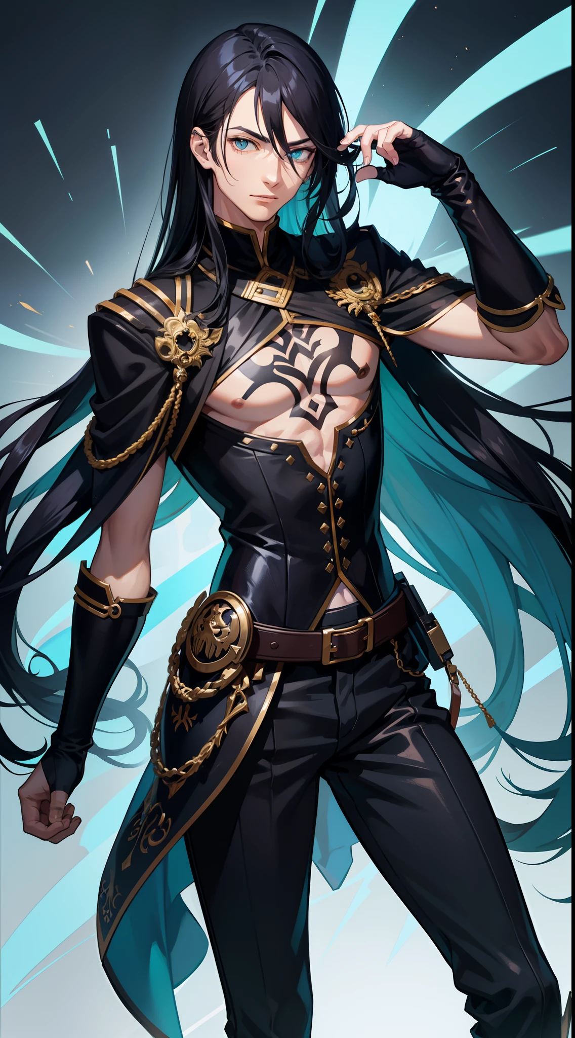 Young man, Long black hair, Cyan eyes, Tatoo, open torso, breeches, Iron hands, tmasterpiece, hiquality