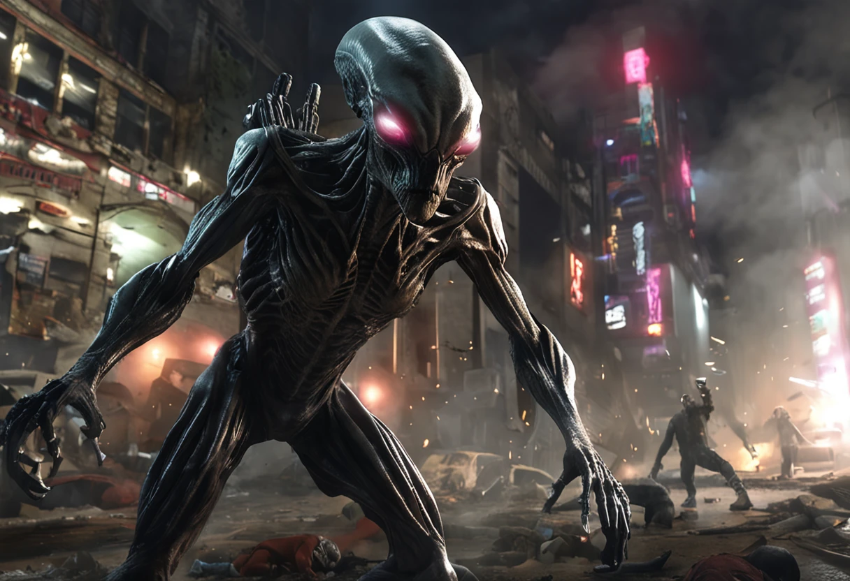 Invading aliens,uncanny,Inhuman appearance,Murderous,Full body like,combats,The city was destroyed,of a real,Facial features are carefully depicted,Realistic skin texture,Dark style,depth of fields,high light,Real light,Ray traching,oc rendered,Hyper-realistic,best qualtiy,8K,Works of masters,super-fine,Detailed pubic hair,Correct anatomy,sharp focus on eyes,Bokeh,Facial features are carefully depicted