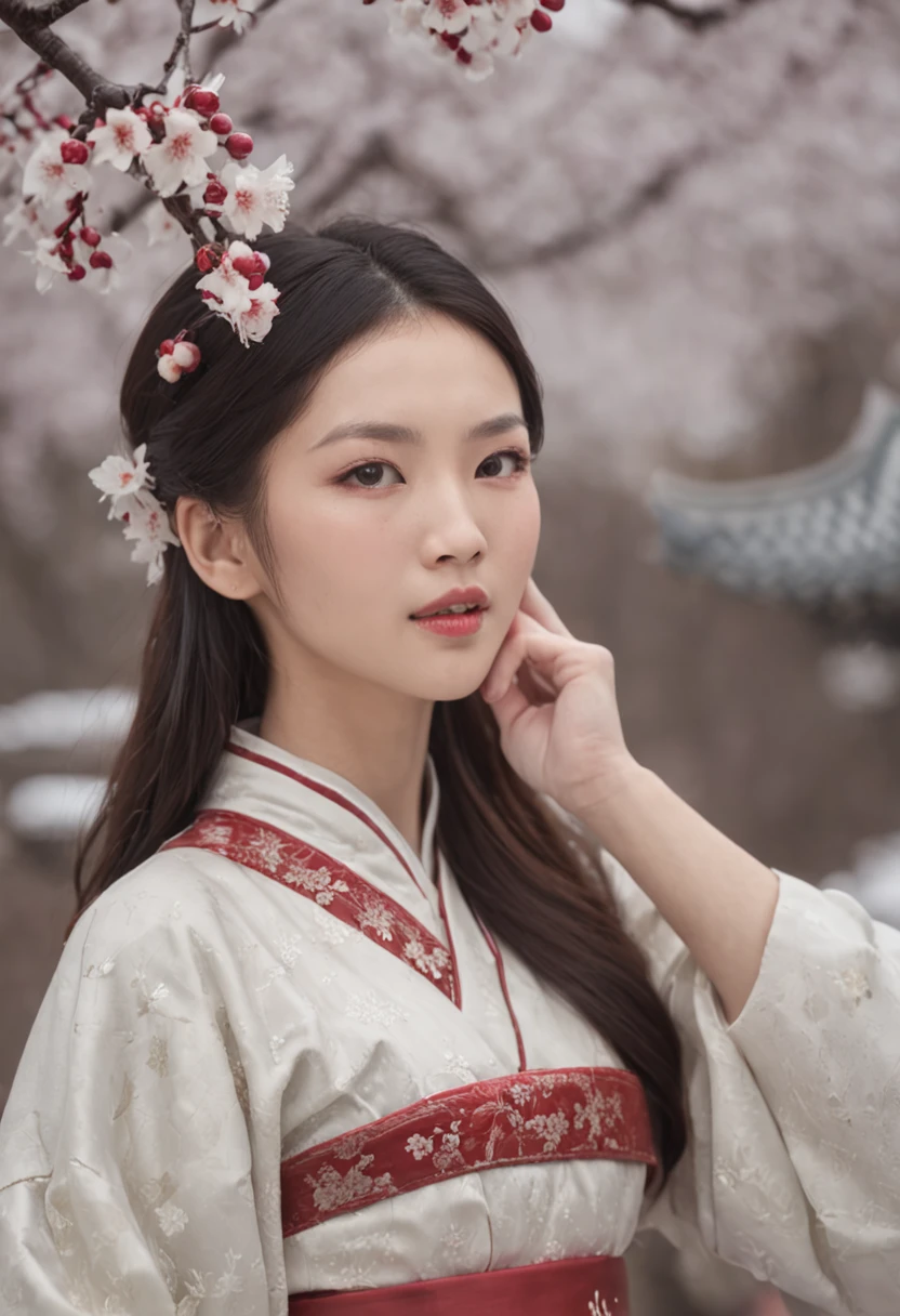 （Blurred foreground：A large number of snowflakes fell from the sky：1.8，），（A large number of plum blossoms fell from the sky：1.6），（Chinese Song Dynasty beauty dancing in skirt），（anatomy correct，Korean star face，The hands and face are very delicate and clear），（Stand in the middle of a quaint courtyard，Plum tree，Chinese elements，Winter clothing），（wide angles，Ultra HD details，Masterpiece, hyper HD, Super detail, High details, Best quality, A high resolution,  Award-Awarded, 8K），（Chinese premium color scheme，电影灯光）