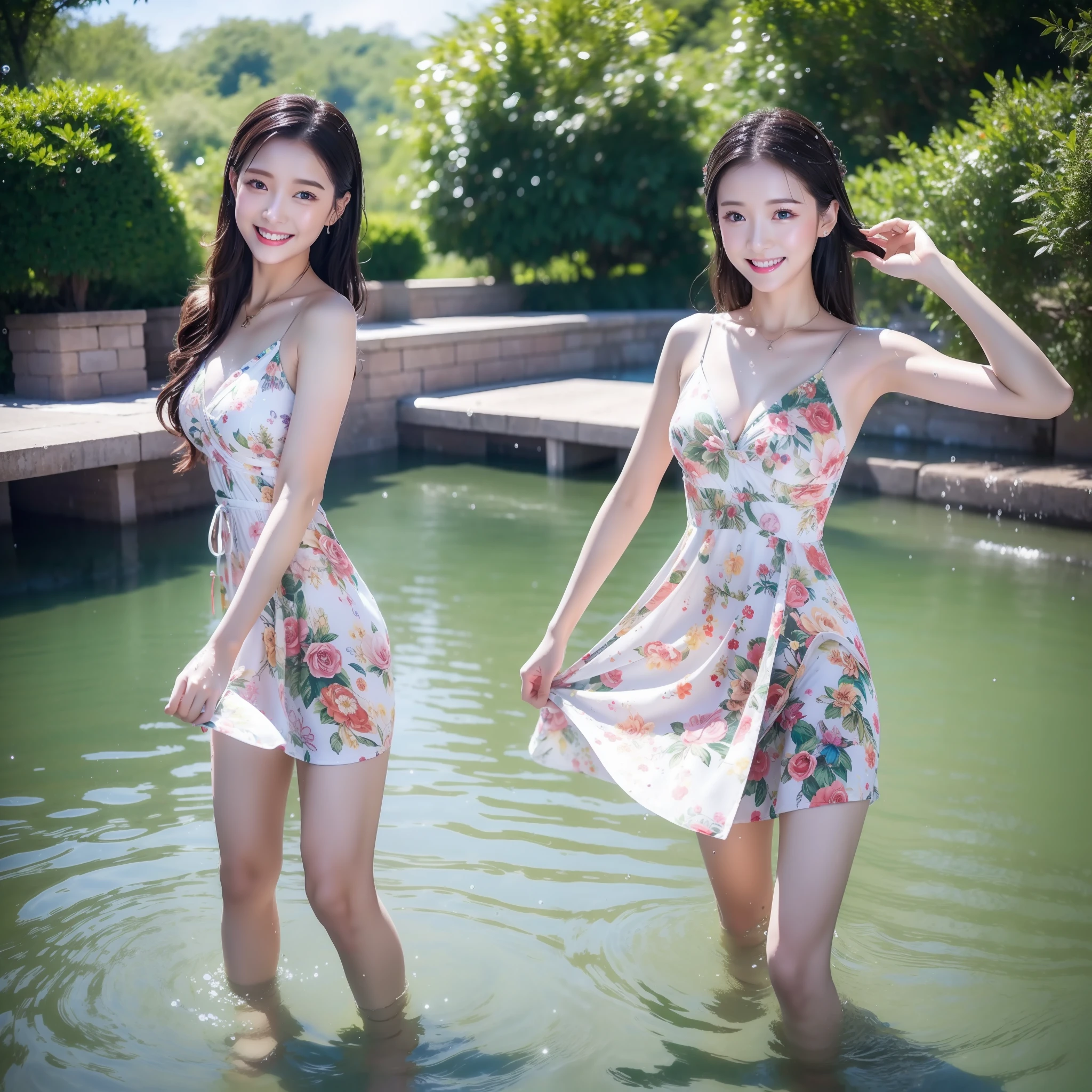 tmasterpiece，hyper HD，Beauty by the river，Wear a floral cropped dress，Happy frolicking in the water，The costume is wet，detailed outfits:1.5，Wet hair:1.5，Water droplets hang on fair skin:1.2，Full body photography:1.8