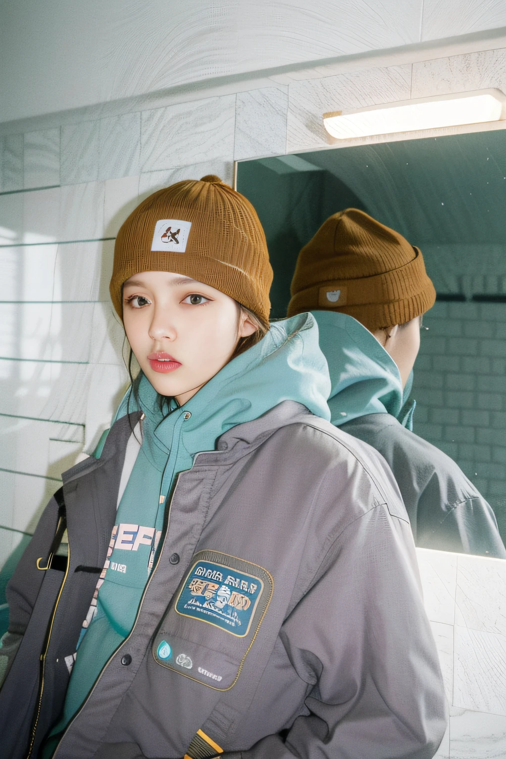 Girl in hat standing in front of mirror,23years old、 lookbook, japanese streetwear, advertisement picture, trending on r/street wear, hypebeast, Wearing a teal beanie, 2 0 2 0 fashion, wearing beanie, heron preston, outlive streetwear collection, Jinyoung Shin, kiko mizuhara, Hyuntae, Gasoline aesthetics,cute little、Beautie、high-level image quality、The long-haired、a blond