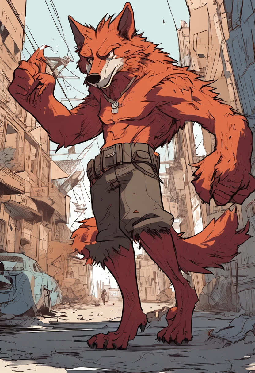 Image of a female anthropomorphic she-wolf striking a pose in a manner, The setting is a chaotic urban environment with fire all around it and a very detailed shadow, And Wolf is hurt and dirty, She has an athletic body with a long, bulky reddish syrup and large fuzzy ears, Her fur is red and she has a thin waist and a large hip with broad shoulders, She's slim, mas tem um corpo muito definido, His body is hairy and wears a jacket and long pants of worn and torn leather. She's been a long time, messy red hair, possui olhos vermelhos, and has an angry expression,