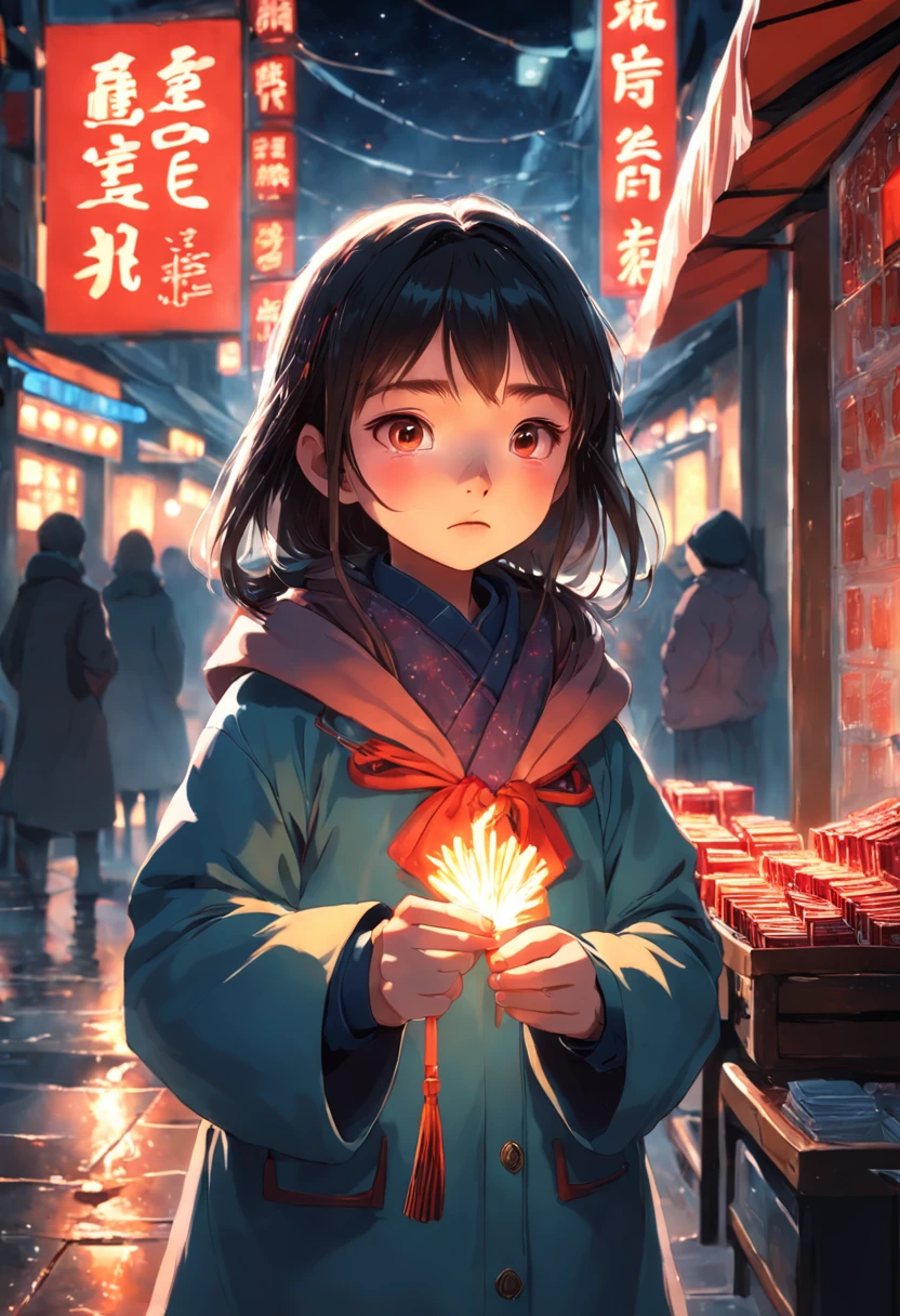 A selling matches on a cold street with twinkling inner light in her eyes Little Chinese girl