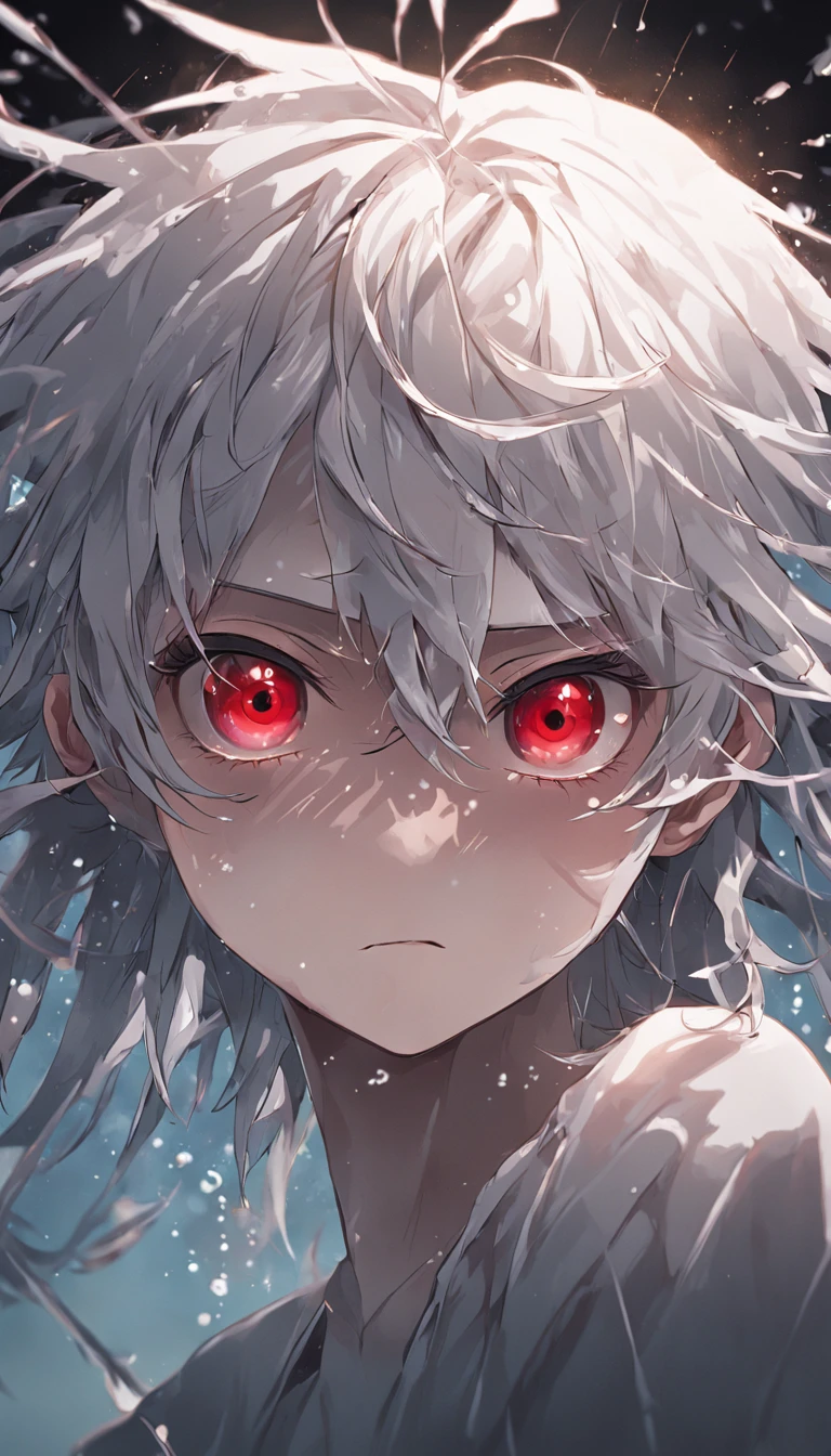 anime boy, body immersed in water, white hair, long hair, red eyes, conceptual art,  Best quality, Masterpiece, (photograph realistic:1.4), surrealism, Very detailed, movie light effect, 4K, Mysterious storyline, kaneki ken, Vibrant colors, reasonable design, Clear lines, High sharpness, tmasterpiece，Ultra photo realsisim，32K resolution，Excellent painting in extreme detail, Detailed face，Detailed eyes, Complicated details，detailed background, darkly