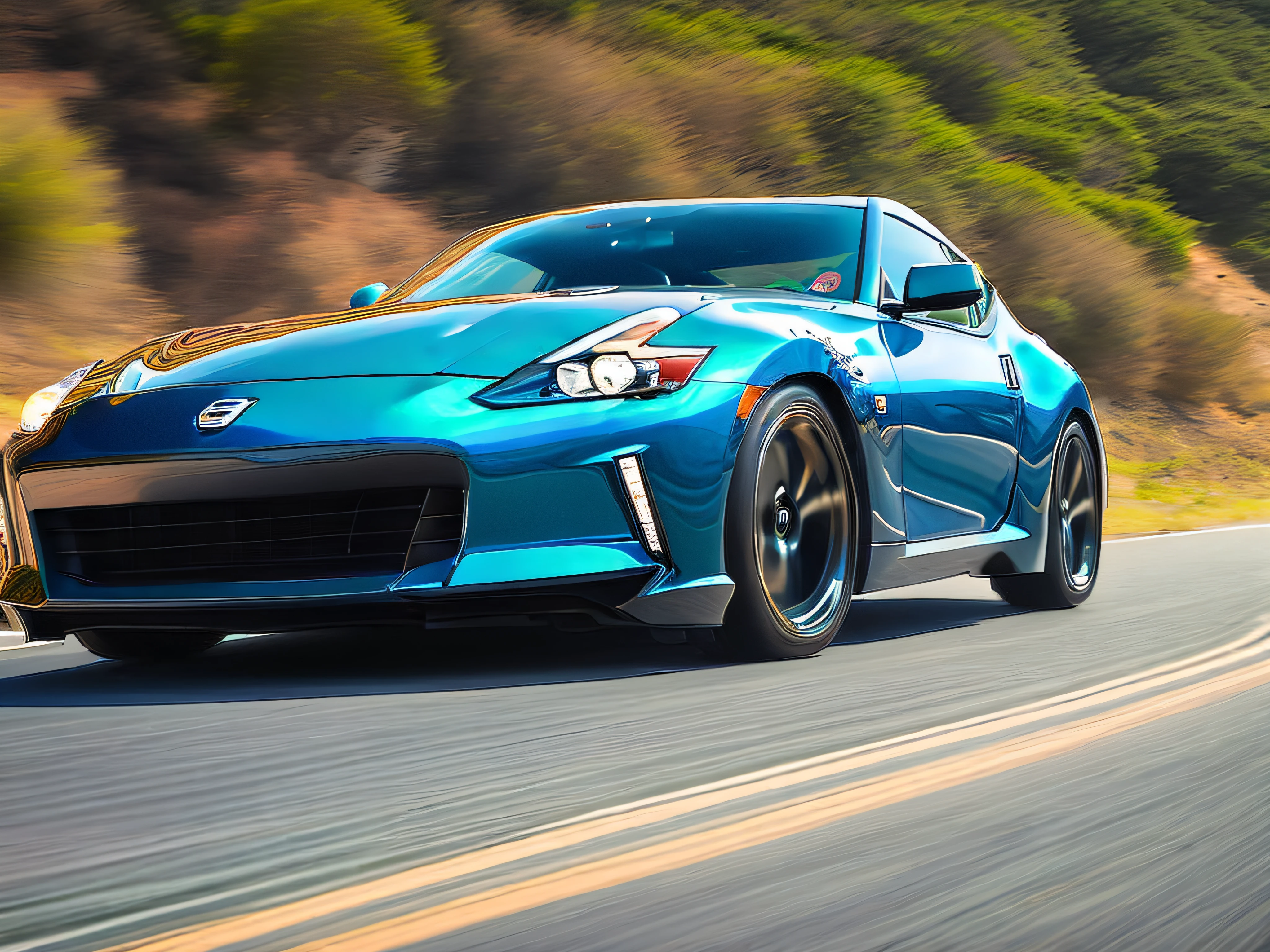 Turquoise Nissan Fairlady Z galloping along the coastal highway, Blue sky, Motion Blur, Ultra-high resolution, Highly detailed and accurate representation, Vivid colors, Midsummer sunshine, Like a scene from a movie,