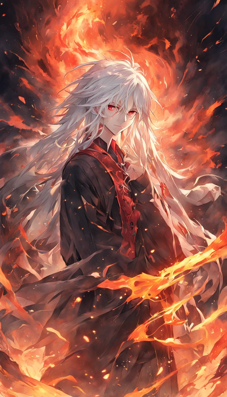 Best quality, Masterpiece, 超高分辨率, (photograph realistic:1.4), surrealism, Dream-like,fusionart, anime boy, long white hair, red eyes, in the dark, fire magic,