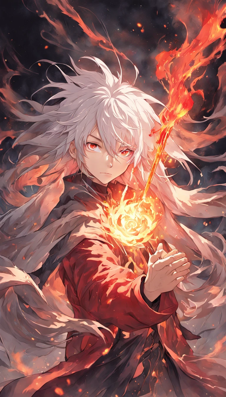 Best quality, Masterpiece, 超高分辨率, (photograph realistic:1.4), surrealism, Dream-like,fusionart, anime boy, long white hair, red eyes, in the dark, fire magic,