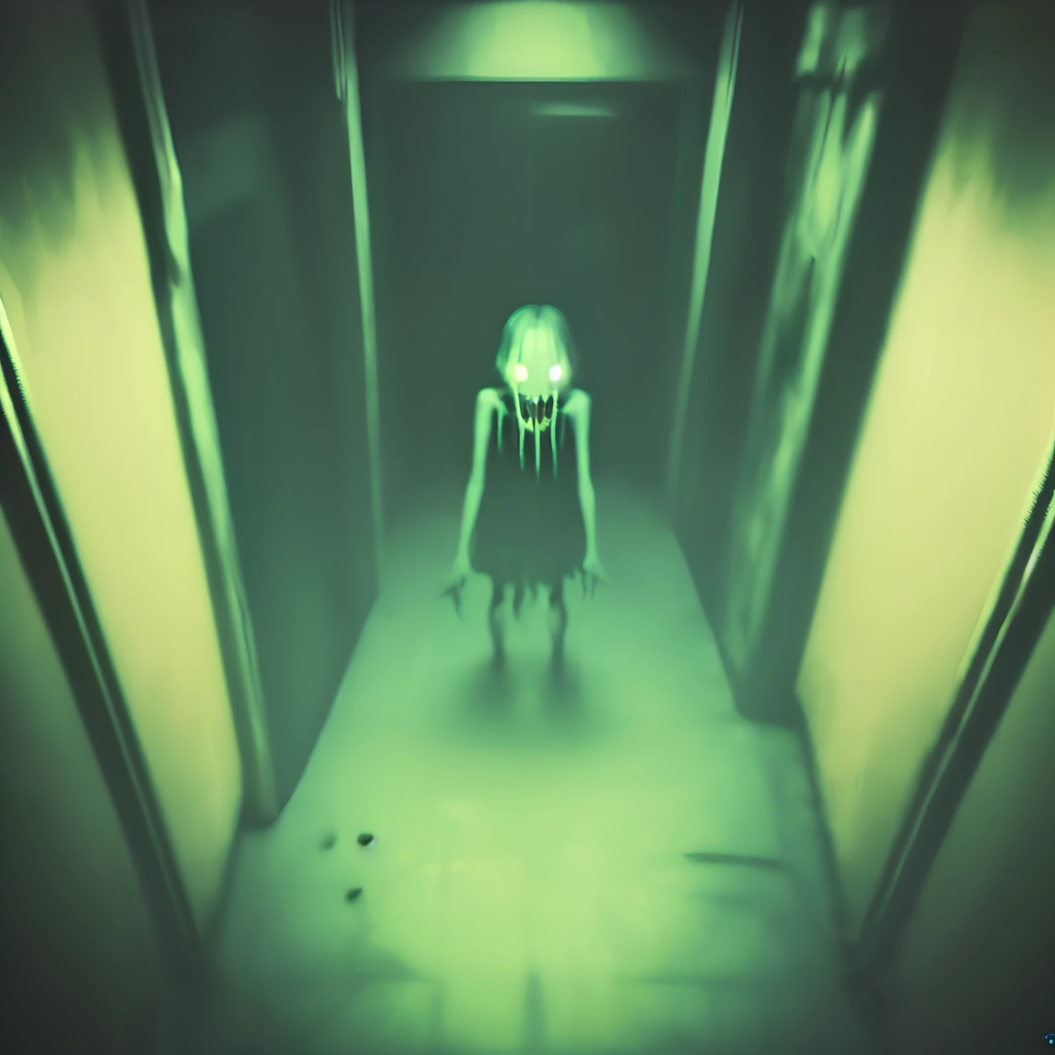 creepypasta monster inside a liminal space of nightmares in a dark warehouse, dynamic lighting, photorealistic, trending on art station, stunning visuals, foggy, creative, cinematic, ultra detailed, atmospherical, ambient lighting, scary art, bad quality, heavy film grain, desaturated, orange teal hue