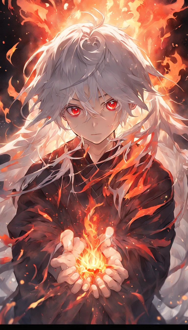 Best quality, Masterpiece, 超高分辨率, (photograph realistic:1.4), surrealism, Dream-like,fusionart, anime boy, long white hair, red eyes, in the dark, fire magic,