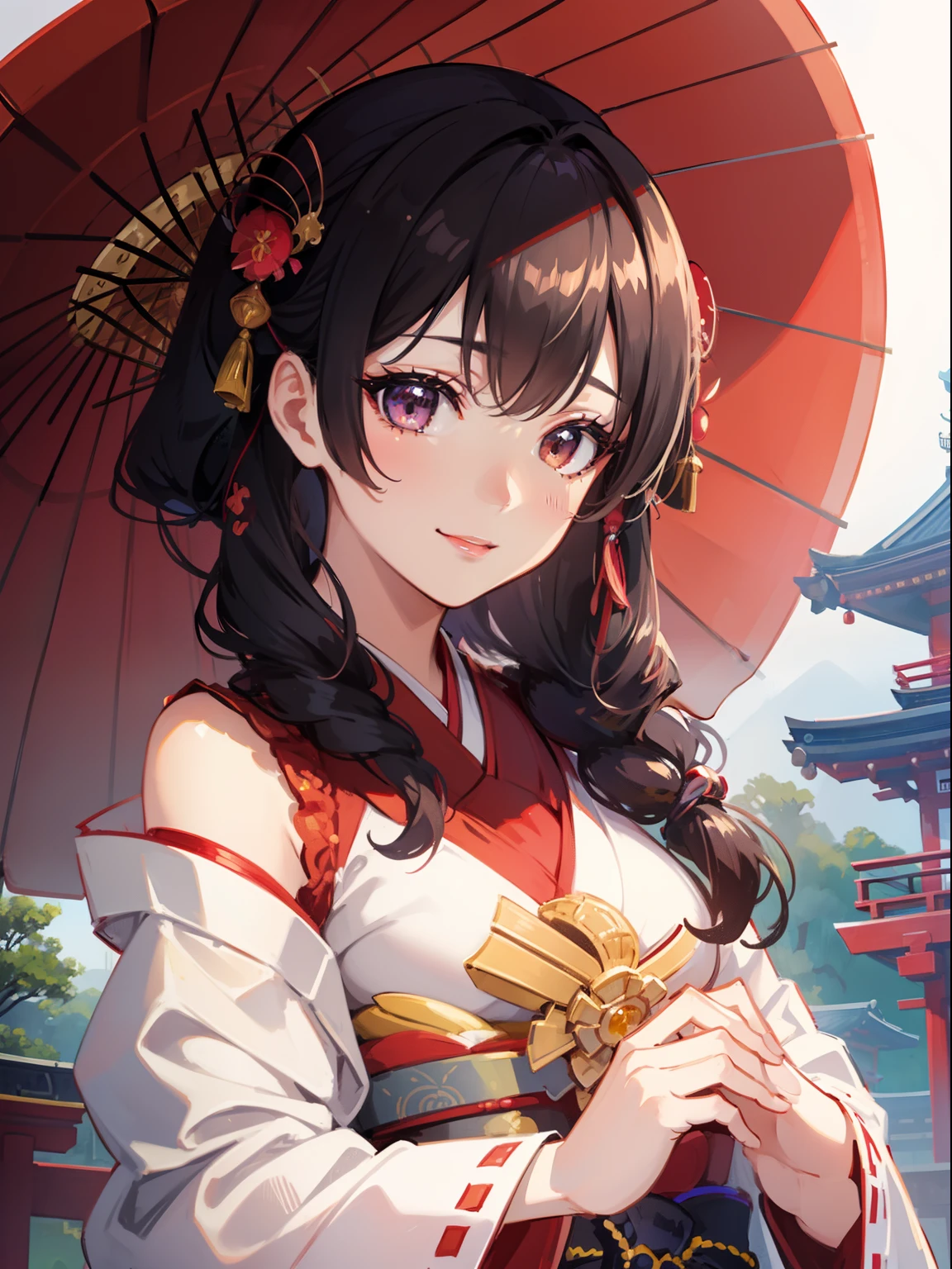 masutepiece, High resolution, 8K, Delicate and detailed writing 、Detailed digital illustration、Aristocratic clothing、a very beautiful woman、Eyes are double, Big and cute,、Bust is D cup、High image quality, High quality、Detailed background、I'm wearing a hair ornament.、Glittering background、The inside of the eye shines like a diamond、4 fingers, 1 thumb、Detailed female face、Smile、Very beautiful and cute woman、Japan Maiko、A dark-haired、A smile、Red umbrella、Beautiful and detailed Kyoto cityscape、You can see the temple in the distance、Hair is bunched、Showa hairstyle、Maiko、No exposure、wearing kimonos、(((Maiko)))
