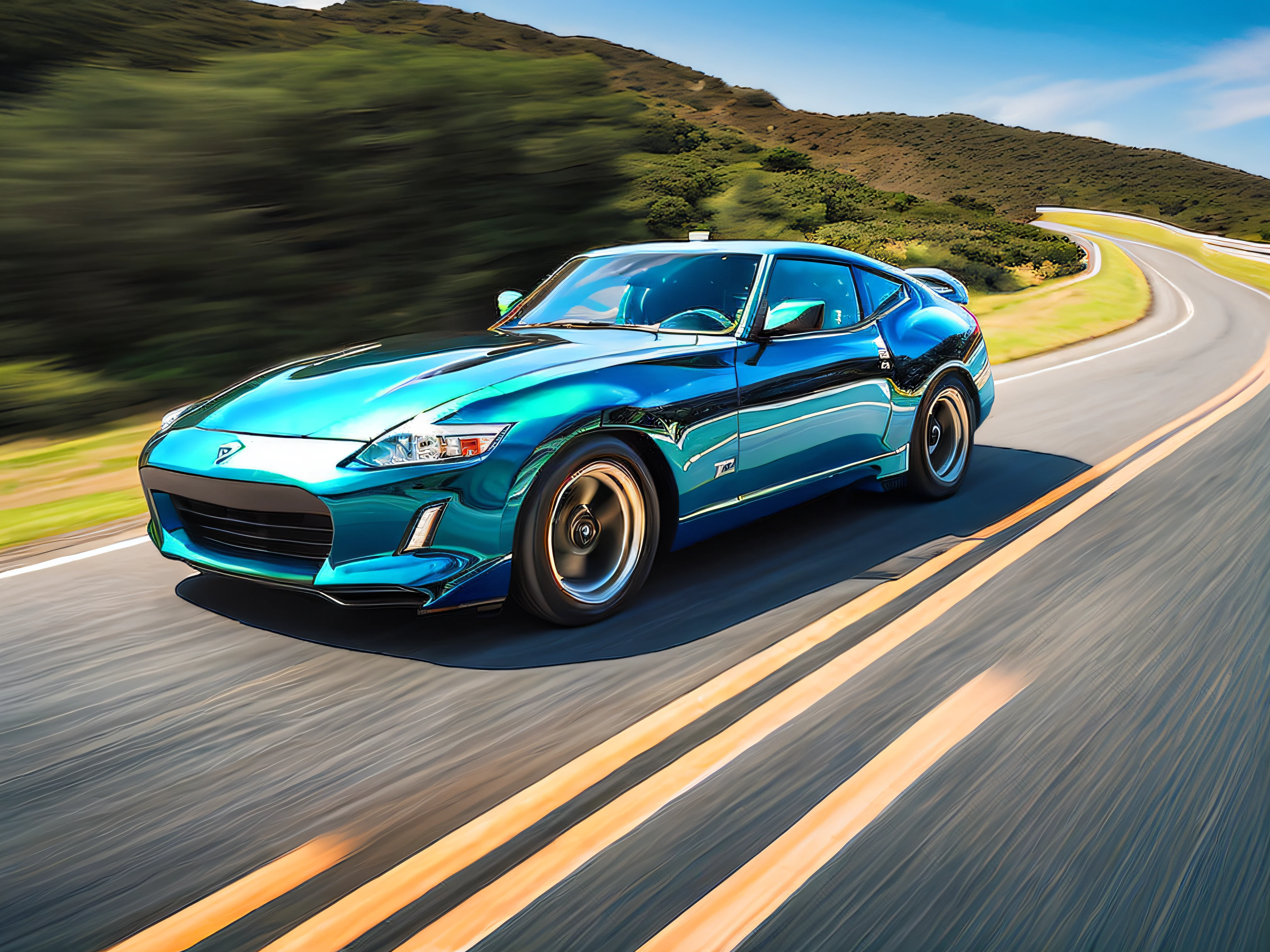 Turquoise Nissan Fairlady Z galloping along the coastal highway, Blue sky, Motion Blur, Ultra-high resolution, Highly detailed and accurate representation, Vivid colors, Midsummer sunshine, Like a scene from a movie,