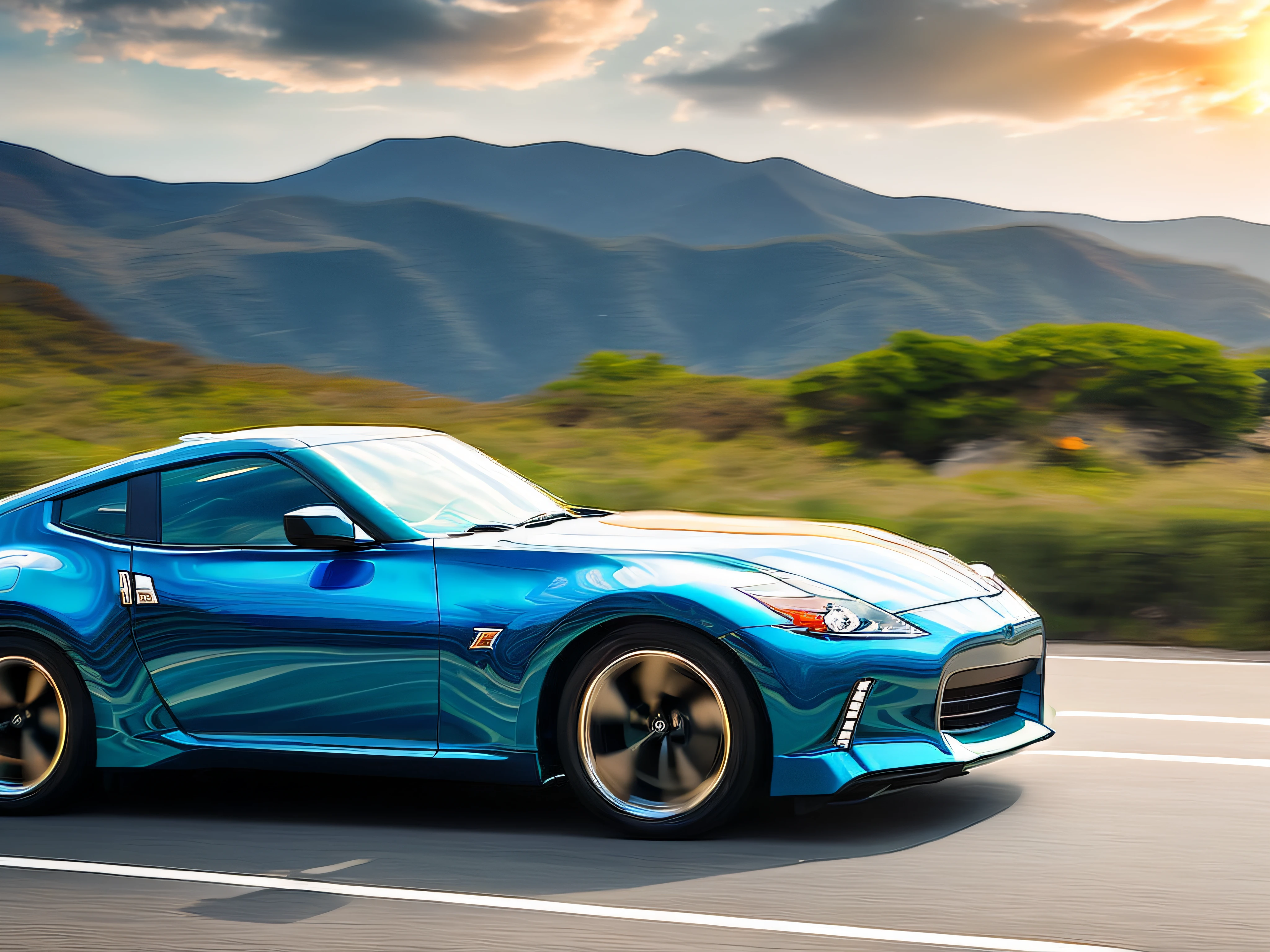 Turquoise Nissan Fairlady Z galloping along the coastal highway, Blue sky, Motion Blur, Ultra-high resolution, Highly detailed and accurate representation, Vivid colors, Midsummer sunshine, Like a scene from a movie,