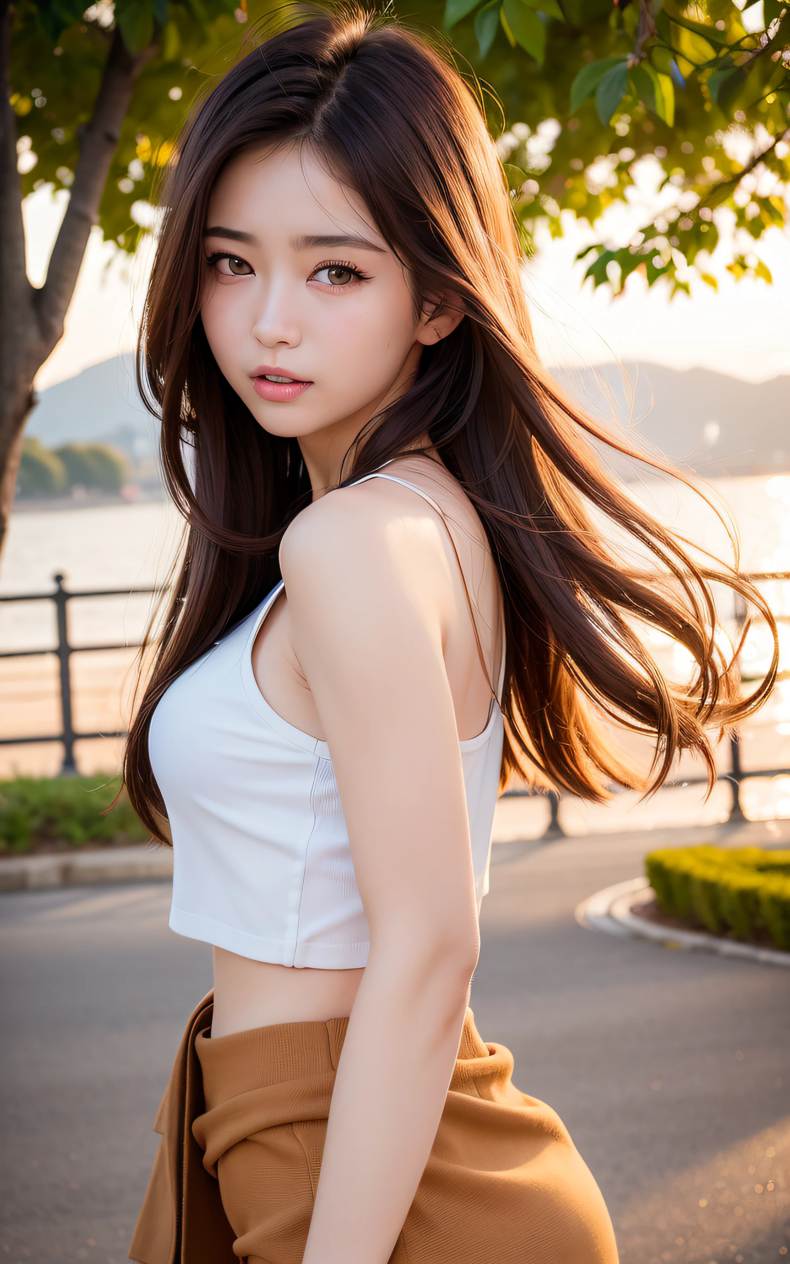 ((top-quality、8k masterpieces:1.3))、(ultra beautiful faces:1.0)、(shinny skin:1.0)、photos realistic、Brown hair, Shoulder-length straight hair swaying in the wind, Video Lighting、High-definition eyes and face、Blouse、Skirt,1 japanese girl, Cute, from the front side、medium breasts、A slight smile