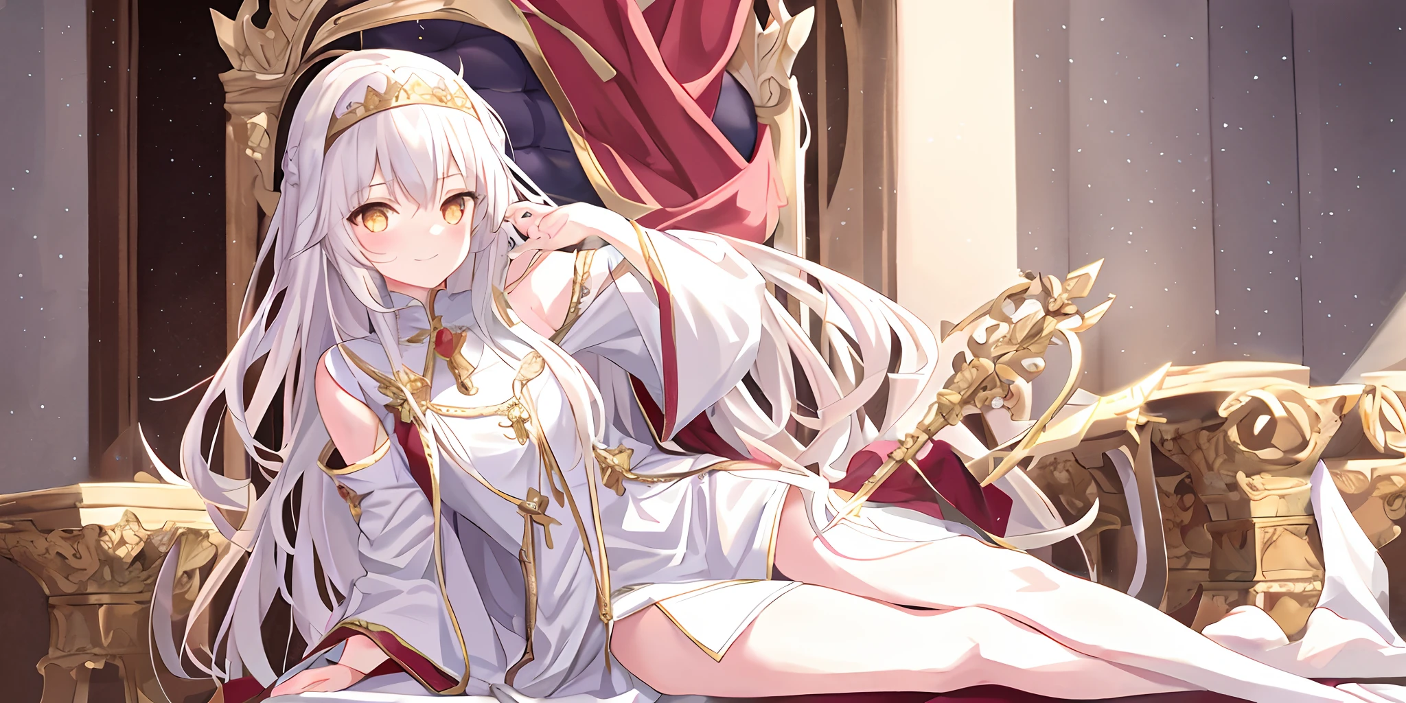 Pope full body,one-girl,Poor milk,Bare legged,bare-legged,On the scepter,Lie down in bed(Light white robe,The pattern is complex))red shawl,(cute anime face),Gold eyes,long white hair,ssmile,The halo,(Sit on a low throne),In a magnificent castle,ultraclear