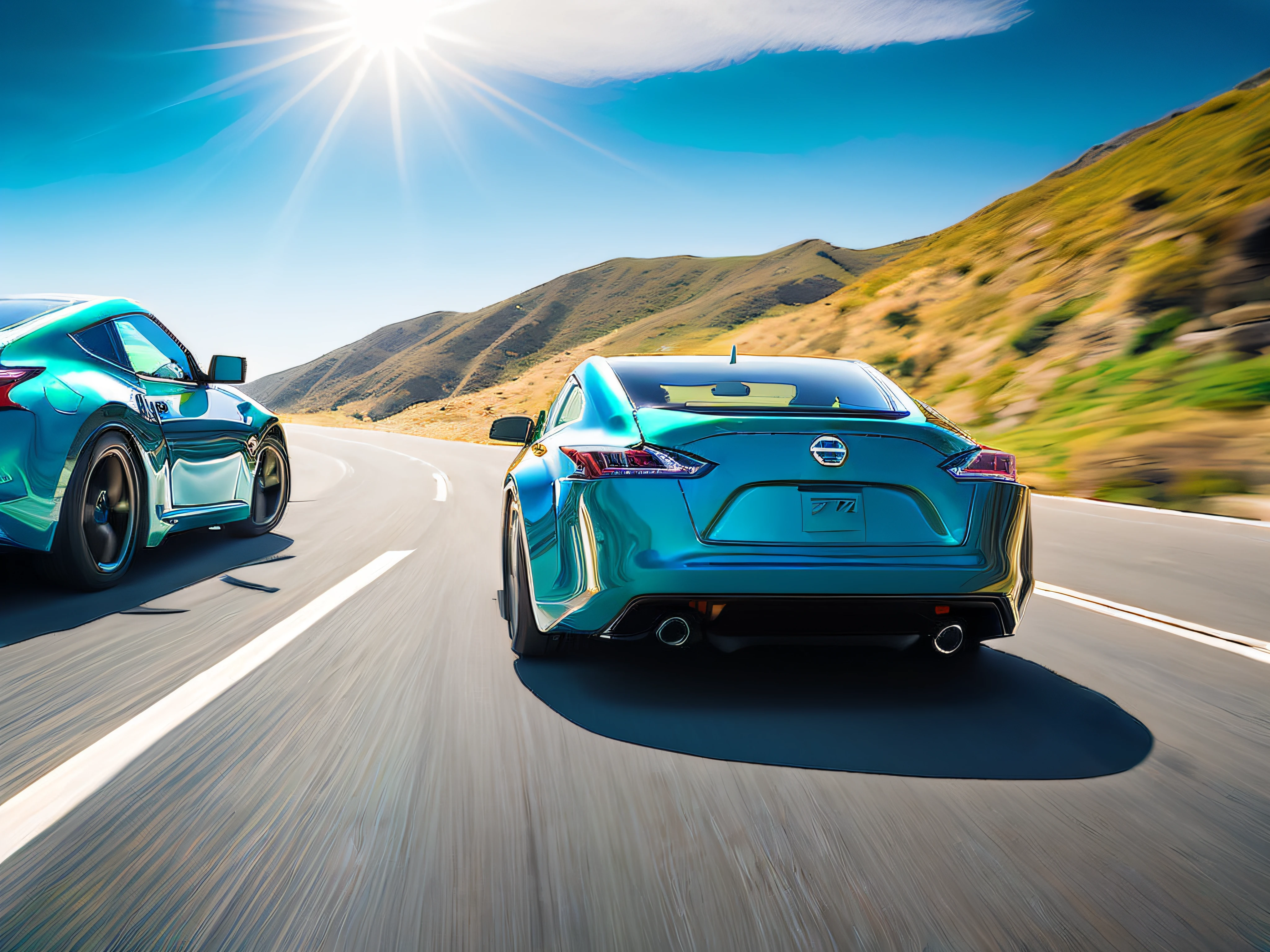 Turquoise Nissan Fairlady Z galloping along the coastal highway, Blue sky, Motion Blur, Ultra-high resolution, Highly detailed and accurate representation, Vivid colors, Midsummer sunshine,