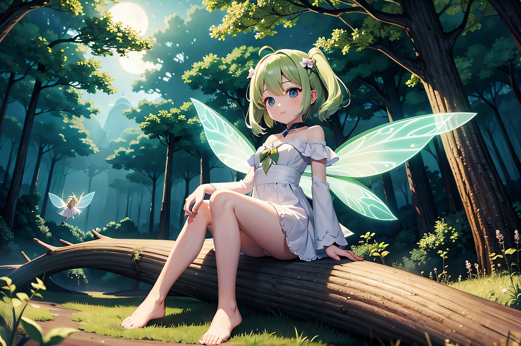 Fairy Winged Girl　doress　1人　Moonlit　in woods　are flying