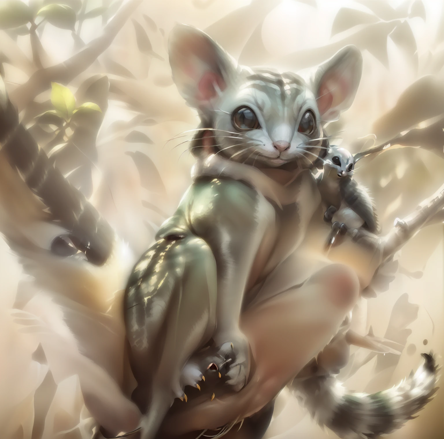 there is a small animal that is sitting on a tree branch, sugar glider, hyperdetailed!!!, a hyper realistic, spotted ultra realistic, hyperdetailed!, highly realistic photo, “portrait of a cartoon animal, madagascar, closeup photo, photorealistic print of exotic, amazing, very very realistic, hyperdetailed!!, very very very realistic, an illustration of