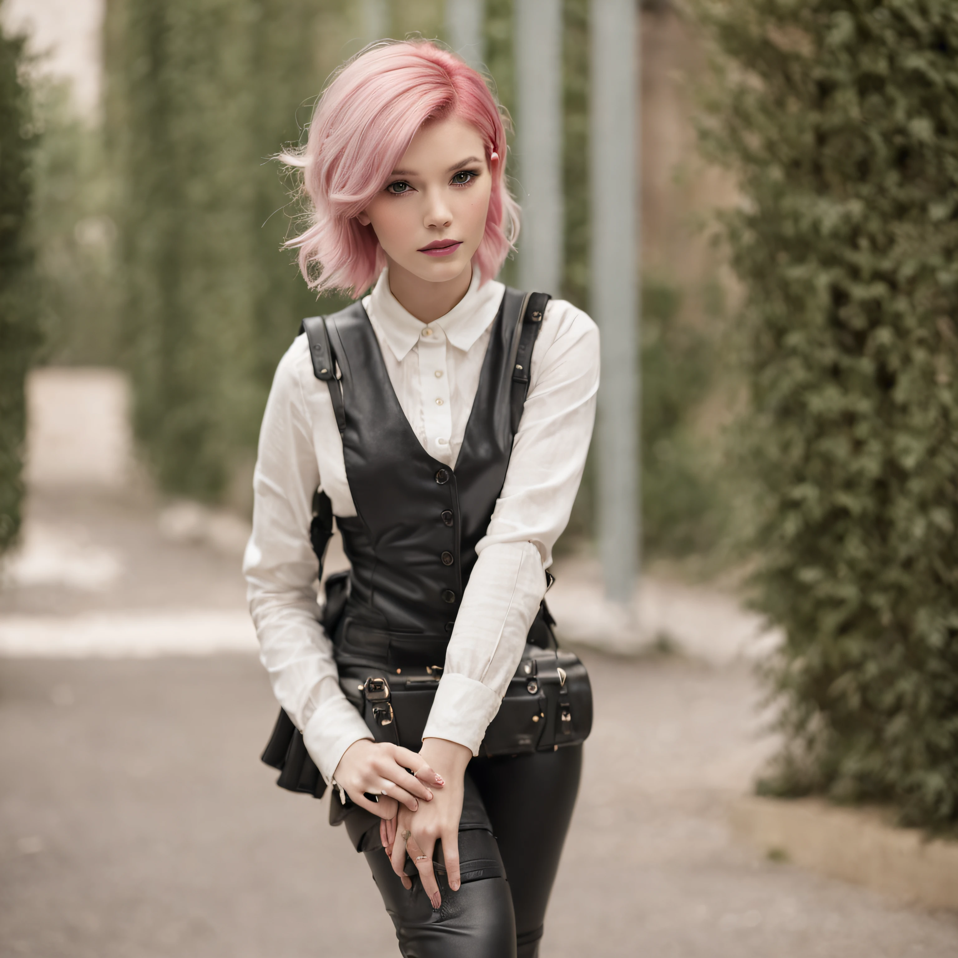 schoolgirls,pink short hair,Gilet blanc,Strap black leather pants,high-heels